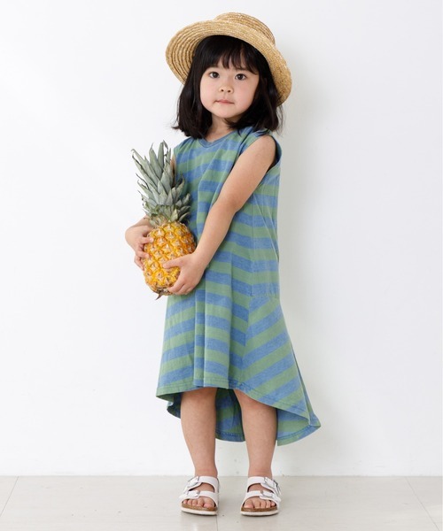 日本MYD 女孩 夏日無袖條紋款洋裝 (藍色，110) M020351