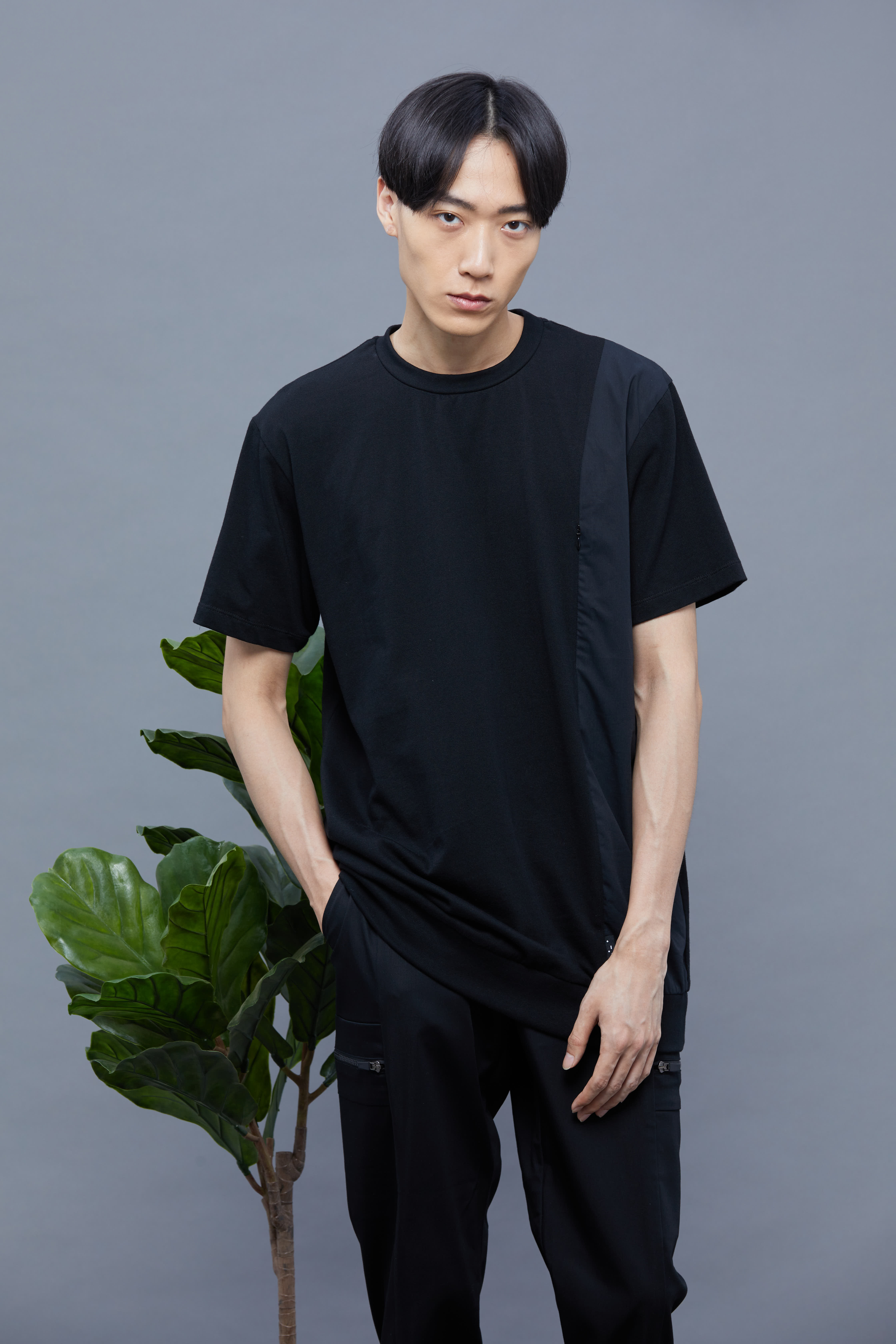 有機棉側邊拼接上衣 - 黑