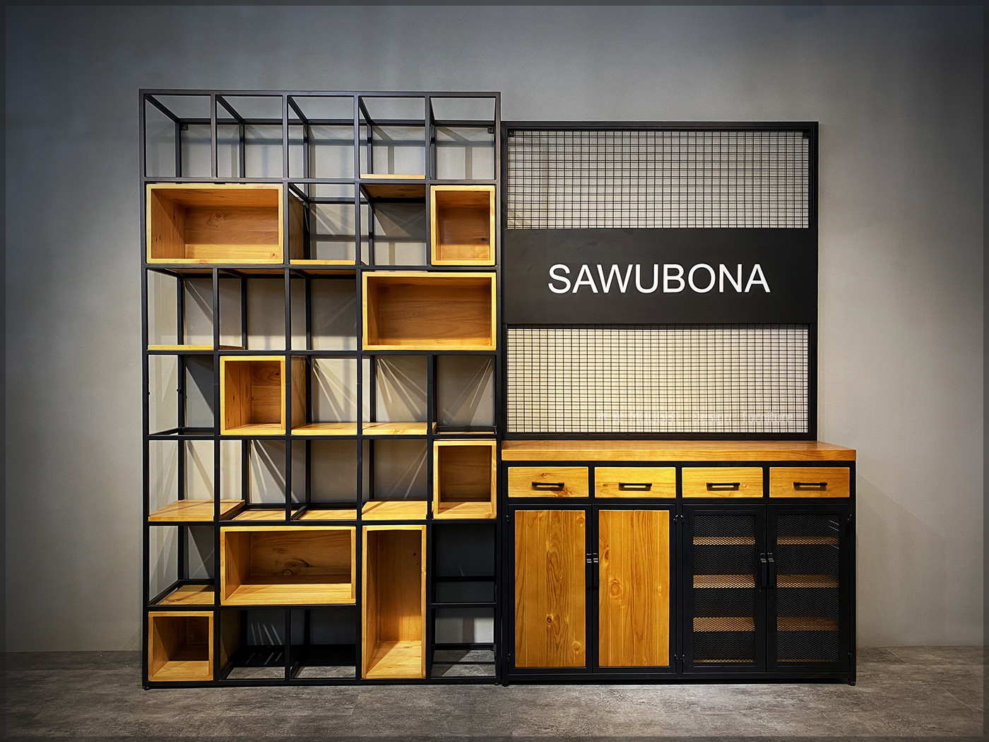 復古鐵藝方格屏風櫃+鐵網屏風