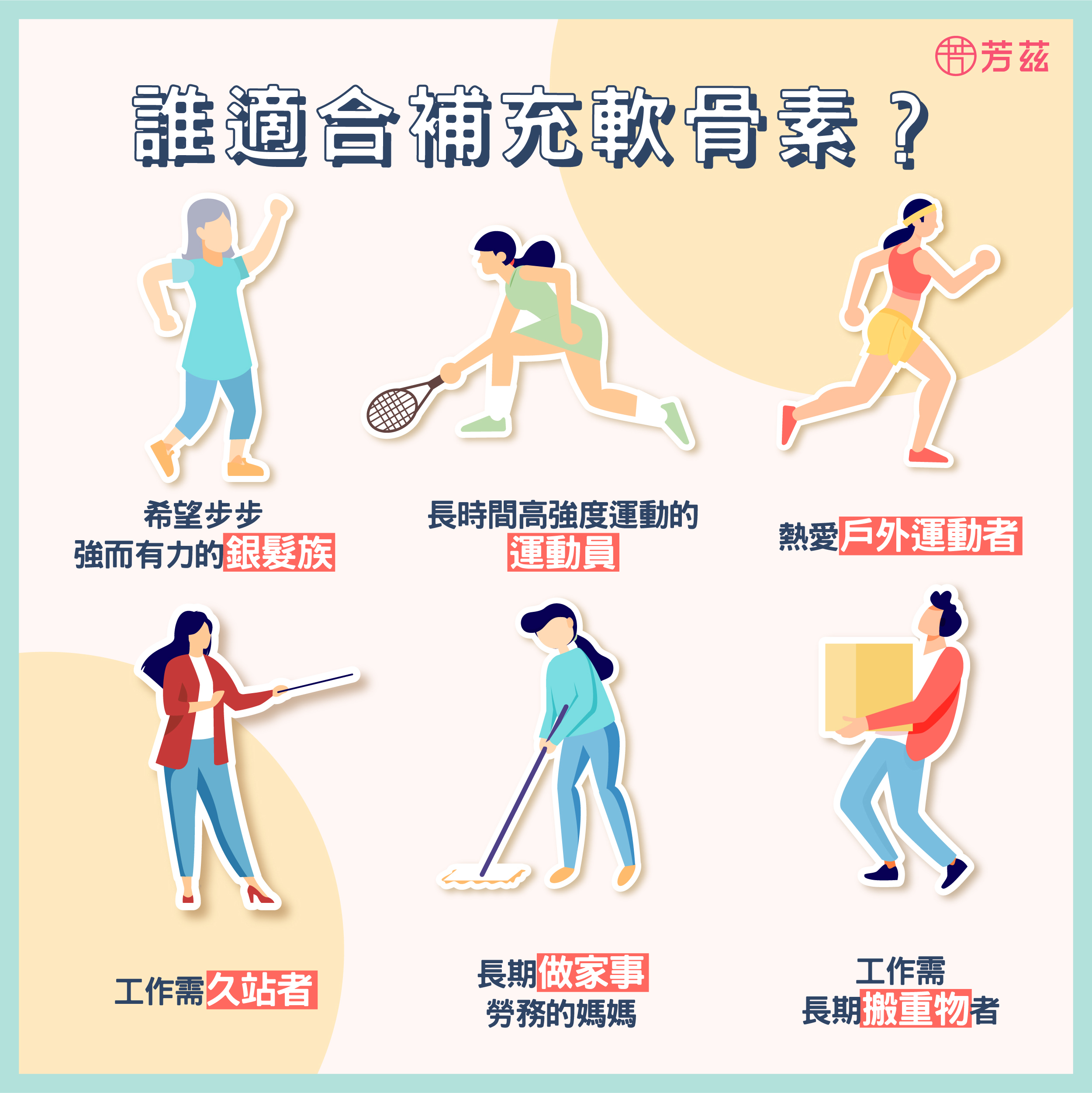 我們每天的活動都會牽動到身體各部分的肌肉，因此如果工作或生活長期需要勞動及活動的人，也較需要補充「軟骨素」保健自己的身體。  以下族群就建議可以在日常生活中補充軟骨素，保健自己