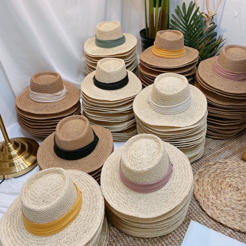 平頂小內凹緞帶草帽/五色