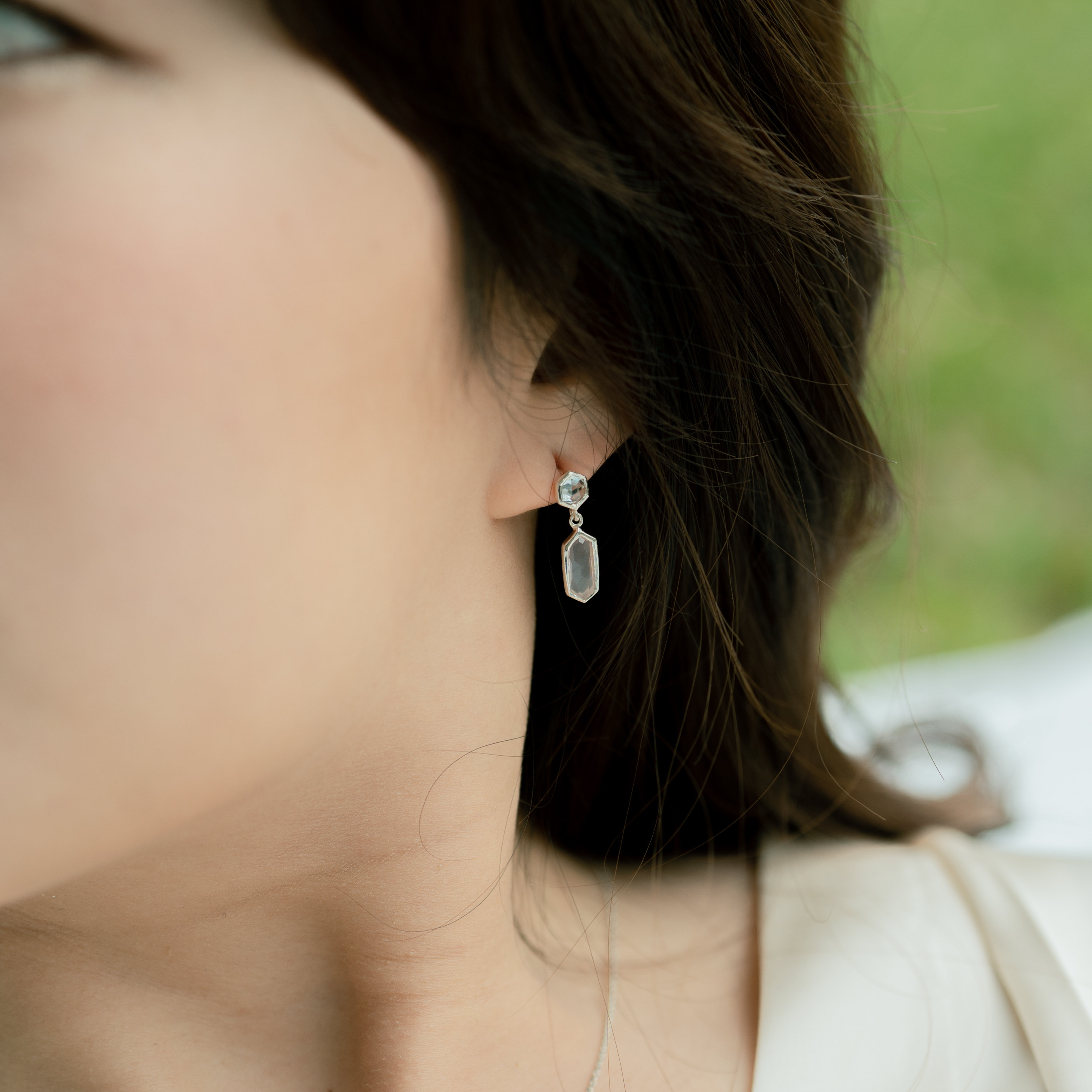 長六角托帕粉晶寶石耳環