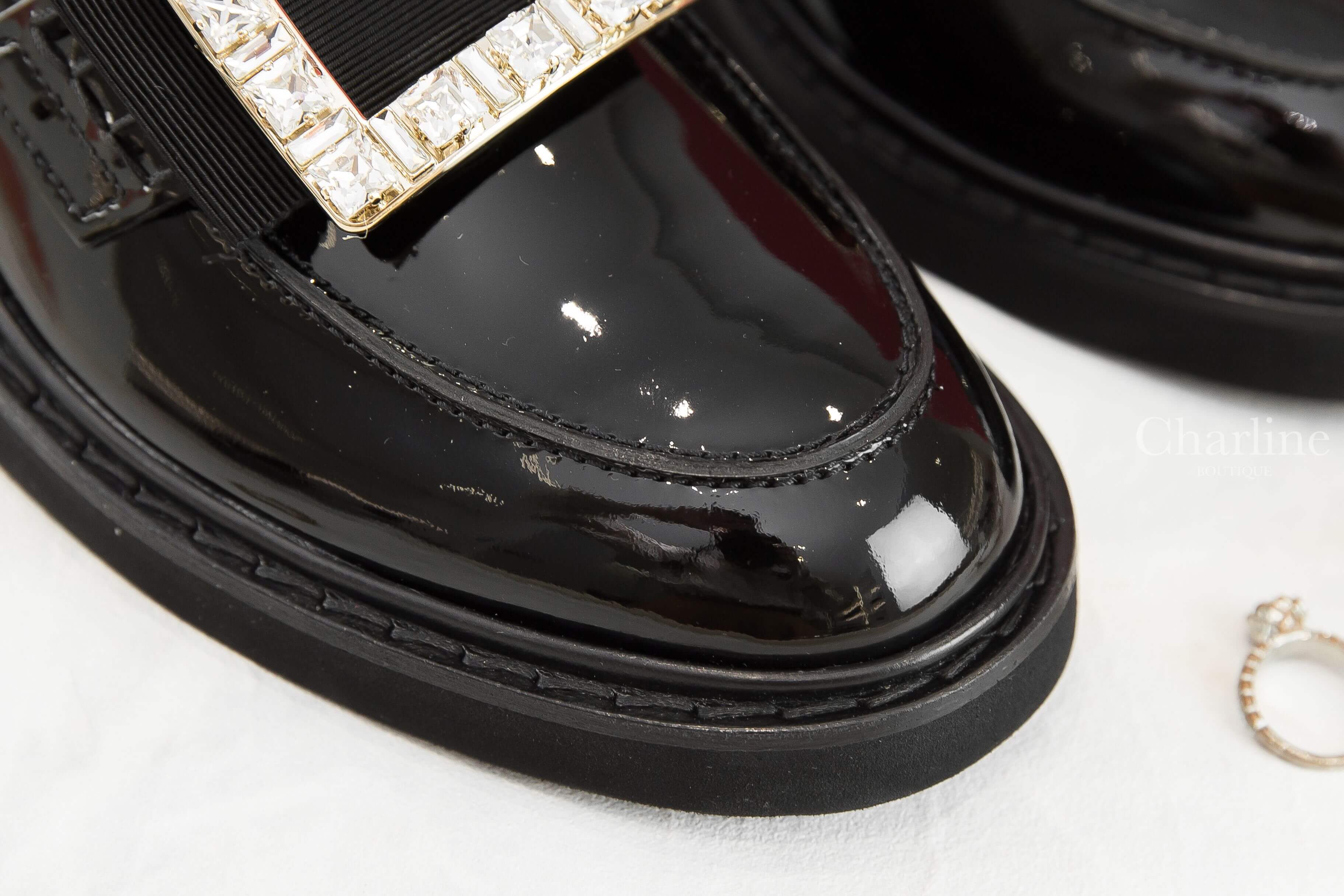 Roger Vivier Viv' Rangers Strass Buckle Loafers In Patent Leather 黑色漆皮淡金色水晶方釦樂福鞋