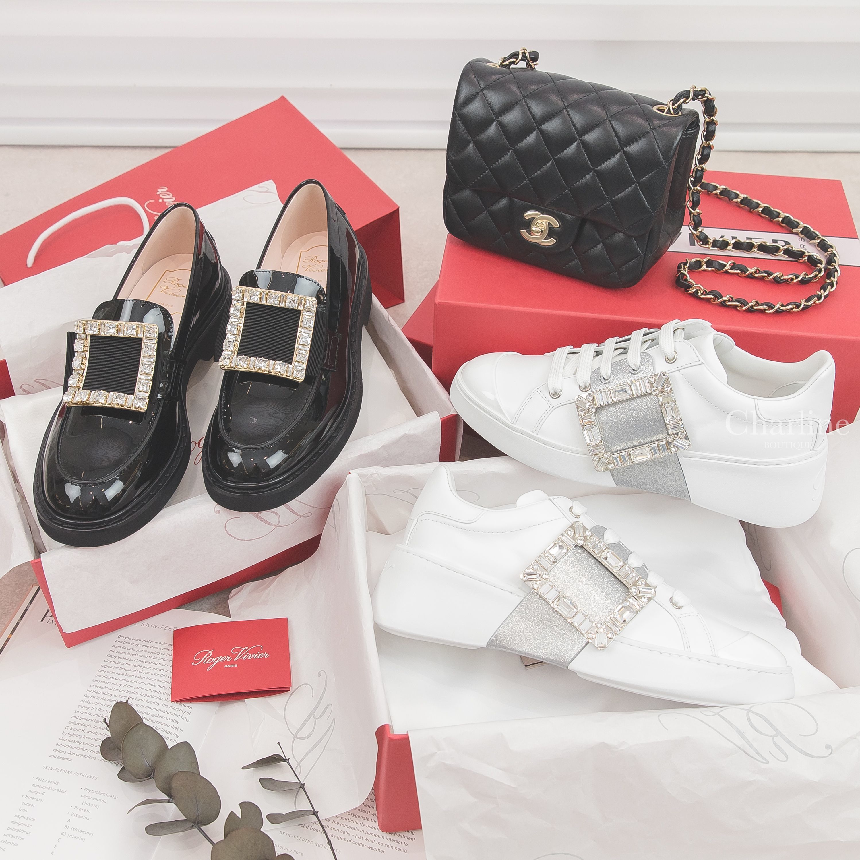 Roger Vivier Sneakers 白色拼銀蔥皮革銀色水晶方釦運動鞋,Roger Vivier Loafers 黑色漆皮淡金色水晶方釦平底樂福鞋,Chanel Bag 黑色金鍊小羊皮肩背包-Charline Boutique 精品代購