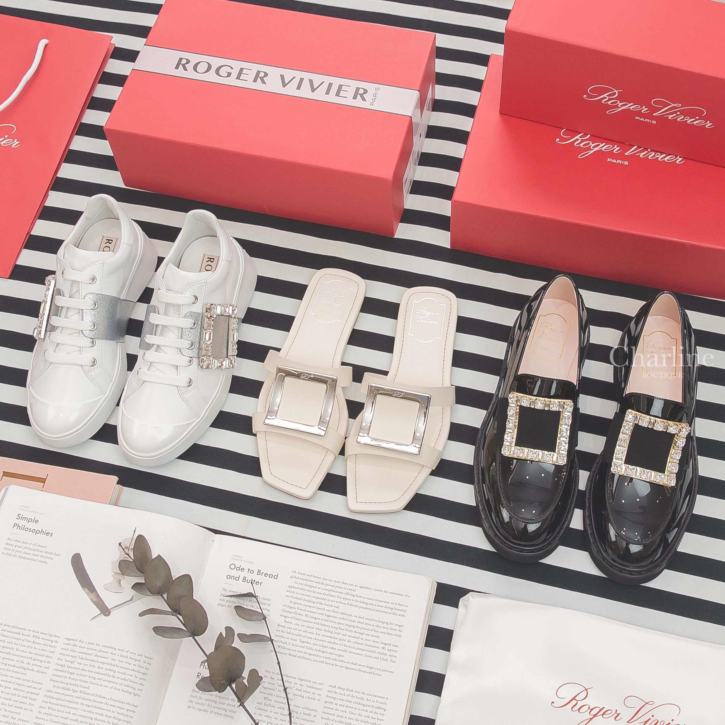 Roger Vivier Sneakers 白色銀蔥皮革銀色水晶方釦運動鞋,Roger Vivier Loafers 黑色漆皮金色水晶方釦樂福鞋,Roger Vivier Mules 米白色銀色方釦拖鞋-Charline Boutique 精品代購