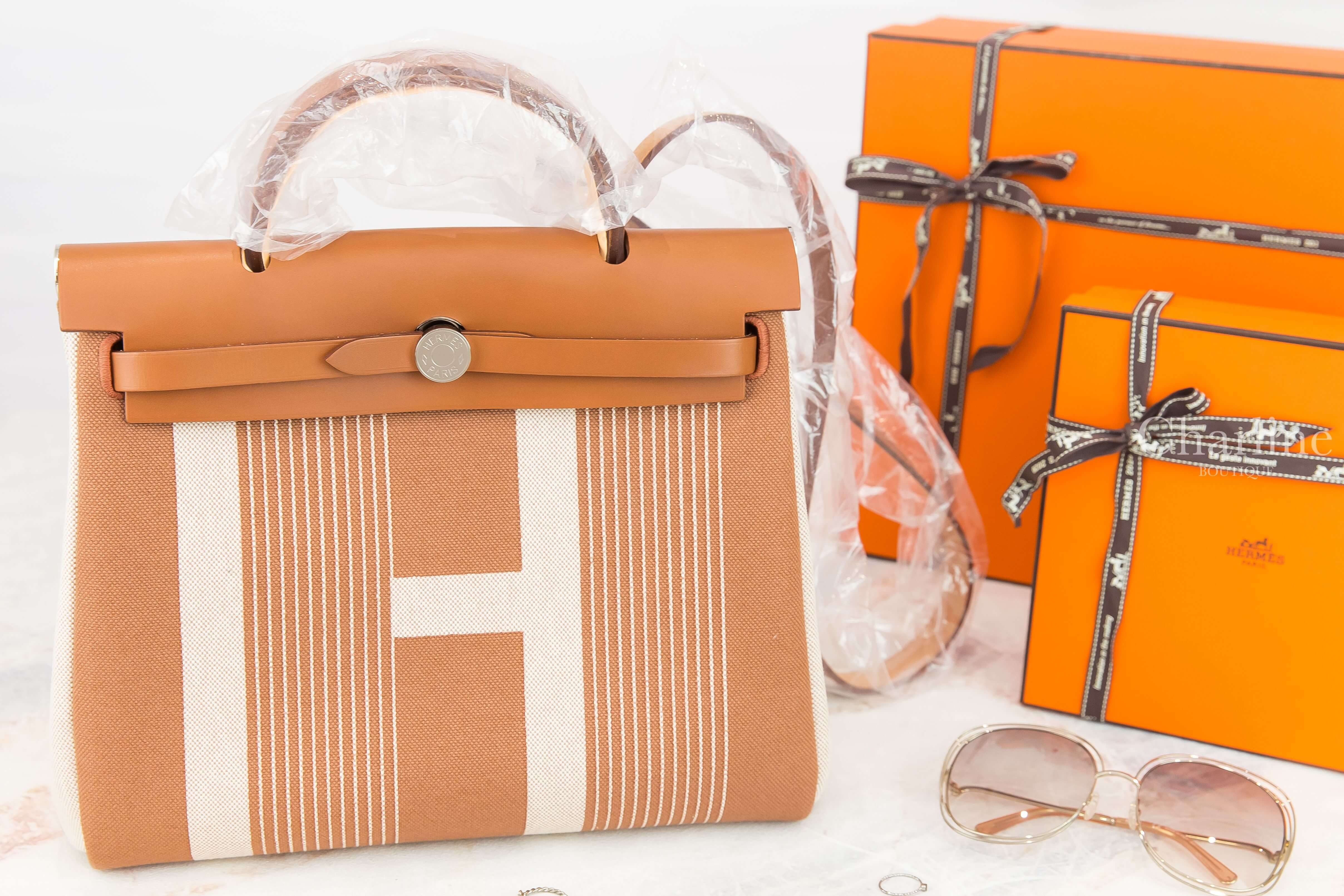 Hermès Herbag Zip 31cm Retourne 34 Fauve 淺褐色米色線條H銀釦手提肩背包