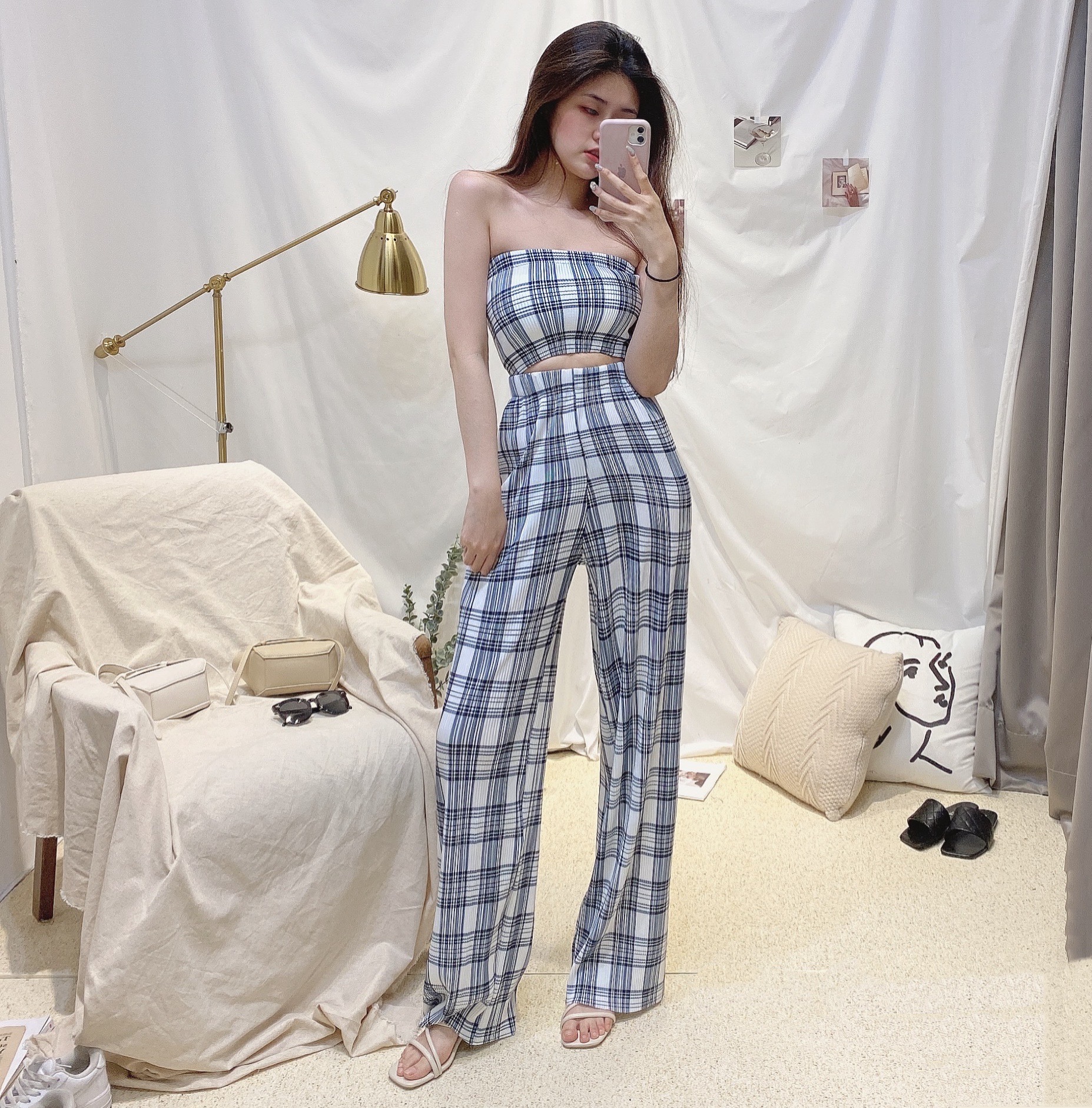 必收格紋百摺平口套裝/二色