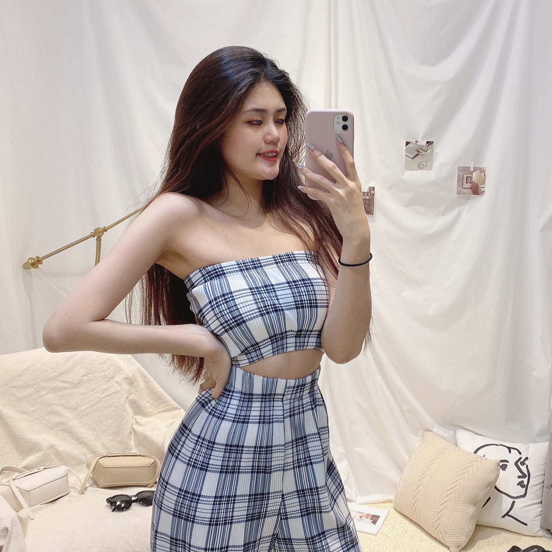 必收格紋百摺平口套裝/二色