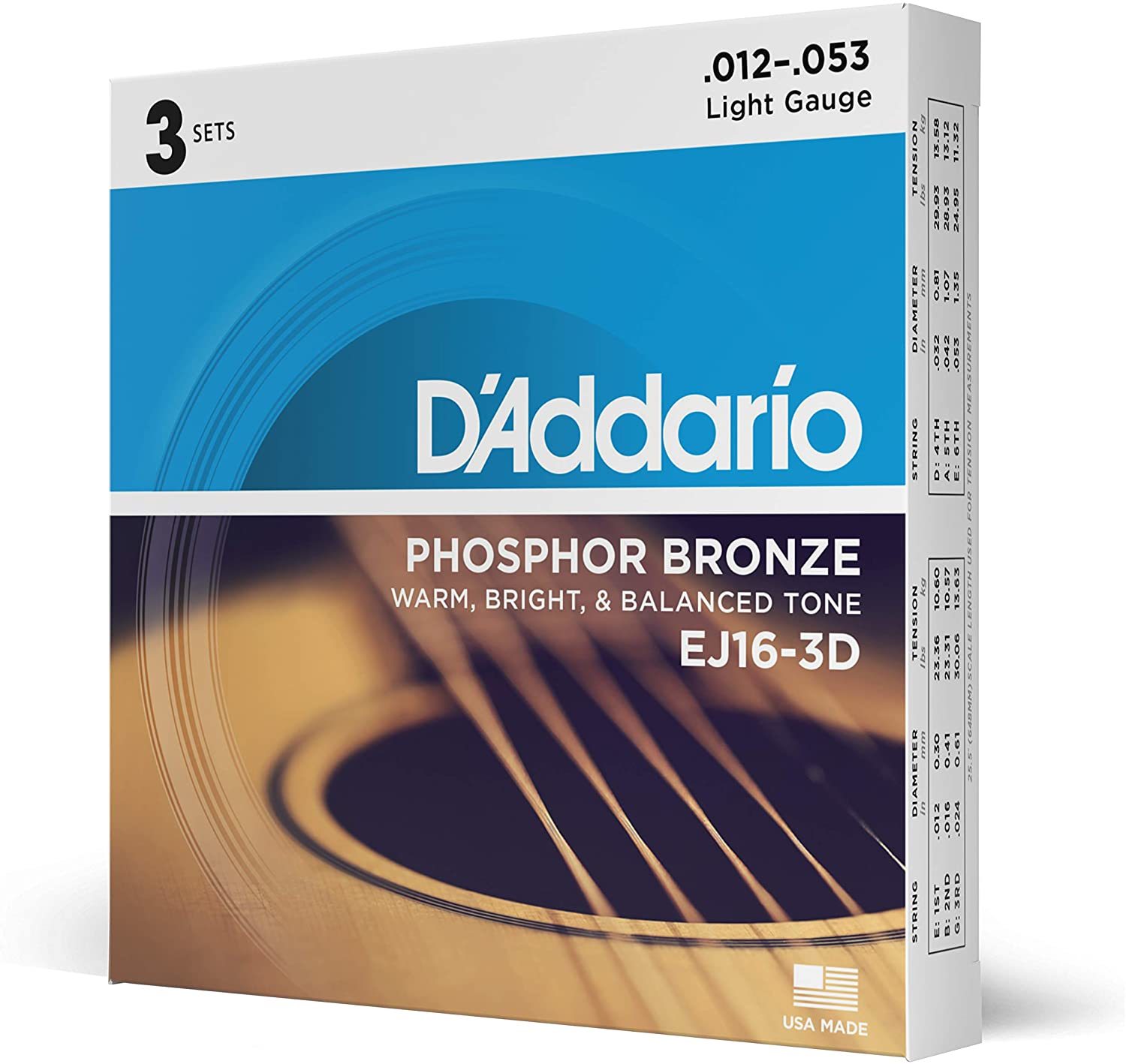 D'addario EJ16-3D 磷青銅 一組3套 木吉他弦 (12-53)