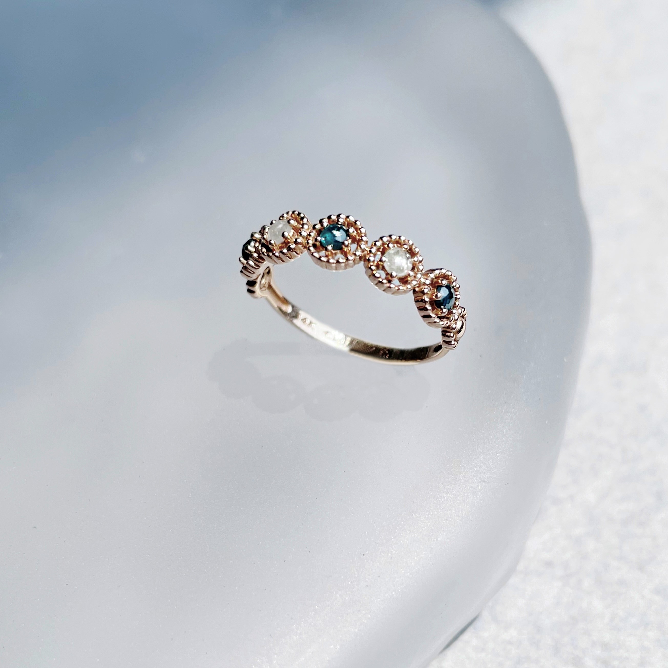 14k五顆簍空圓形藍灰鑽原礦戒指