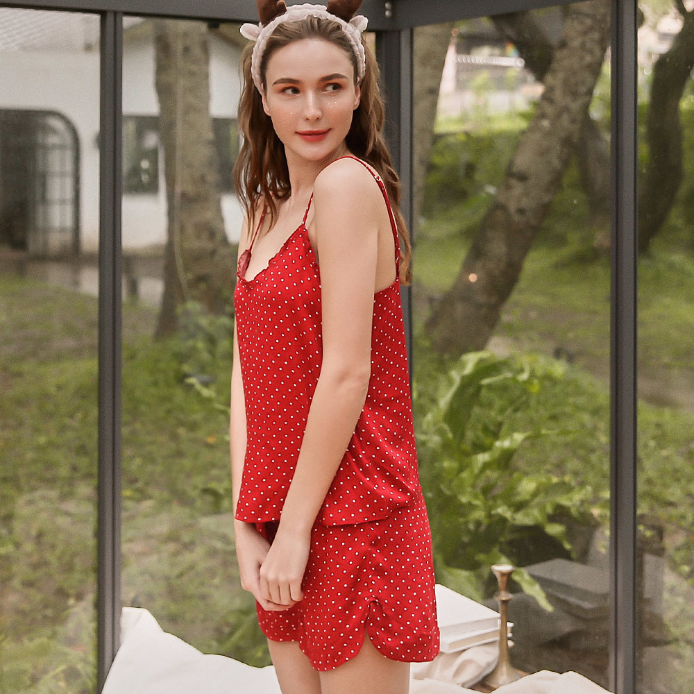 Olivia【舒冉系列-木棉花】小清新波點居家服套裝-睡眠內衣-紅色