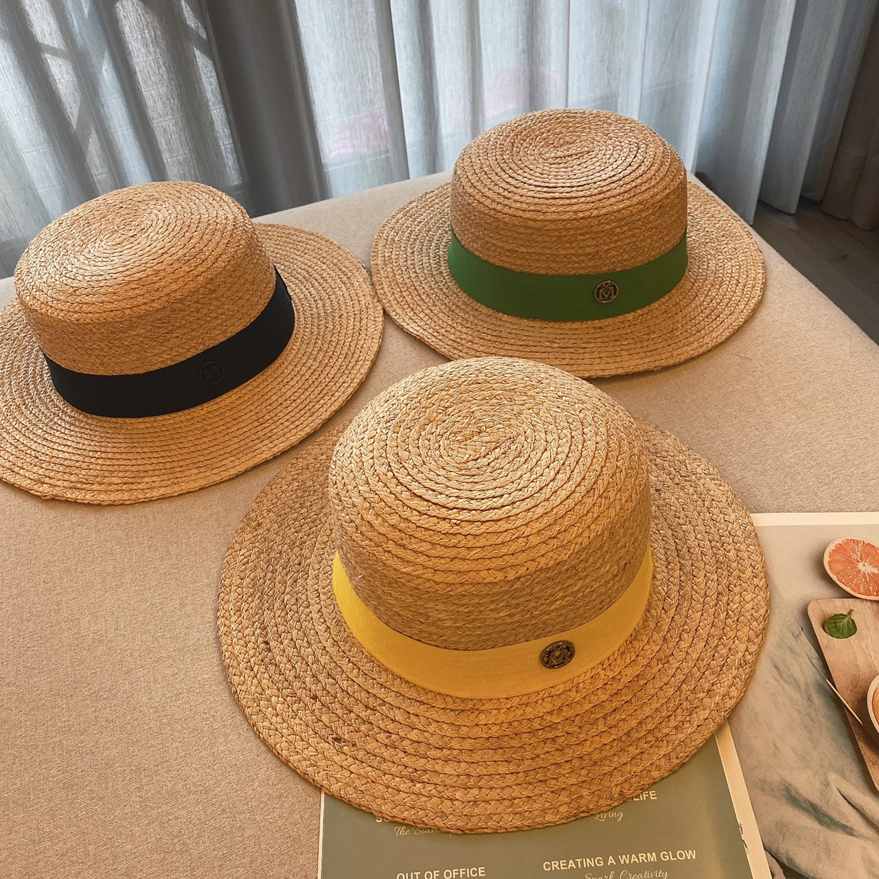 M字拉菲平頂草帽/三色