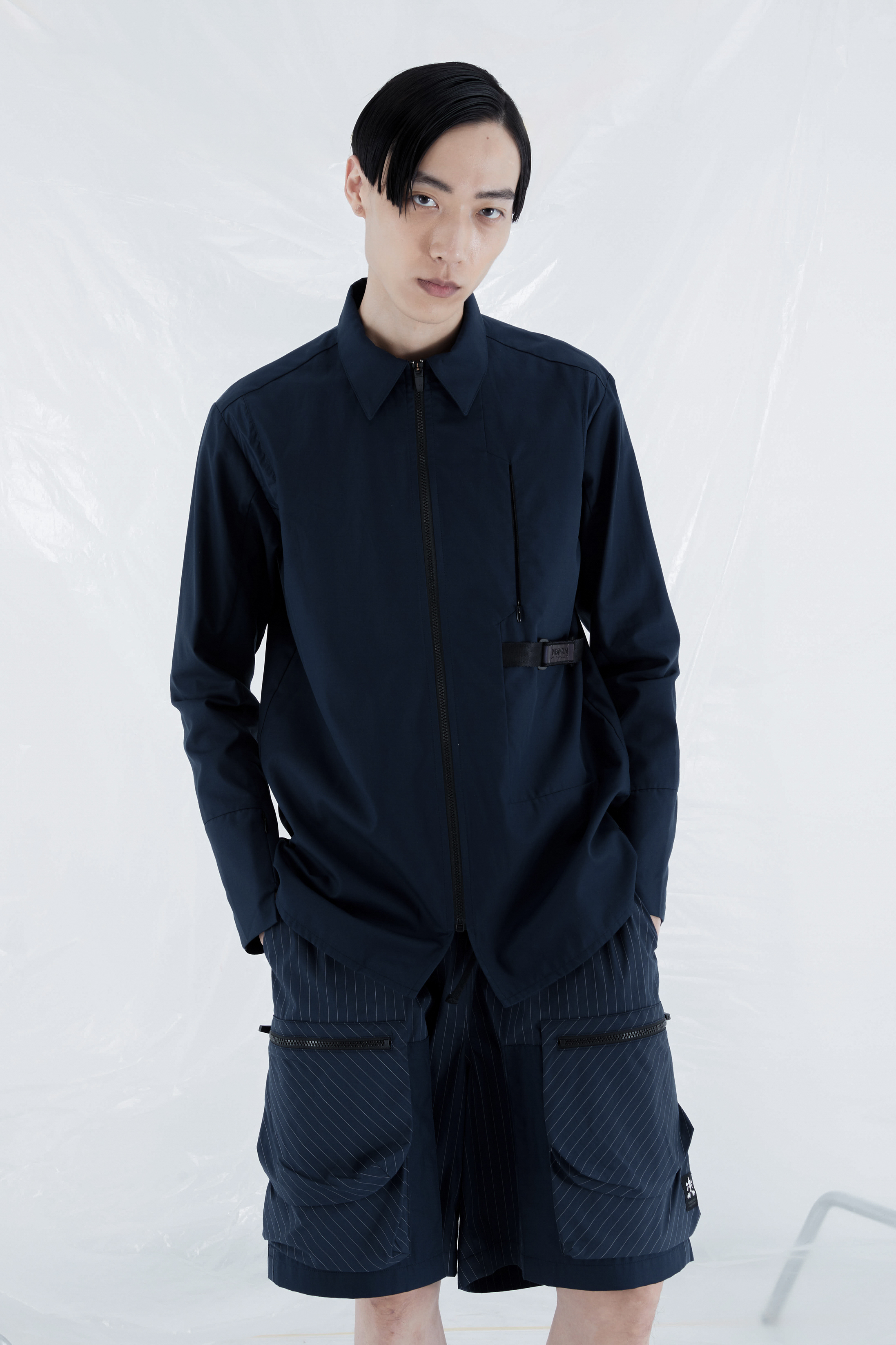 防潑水梯形剪接拉鍊襯衫 - 藍