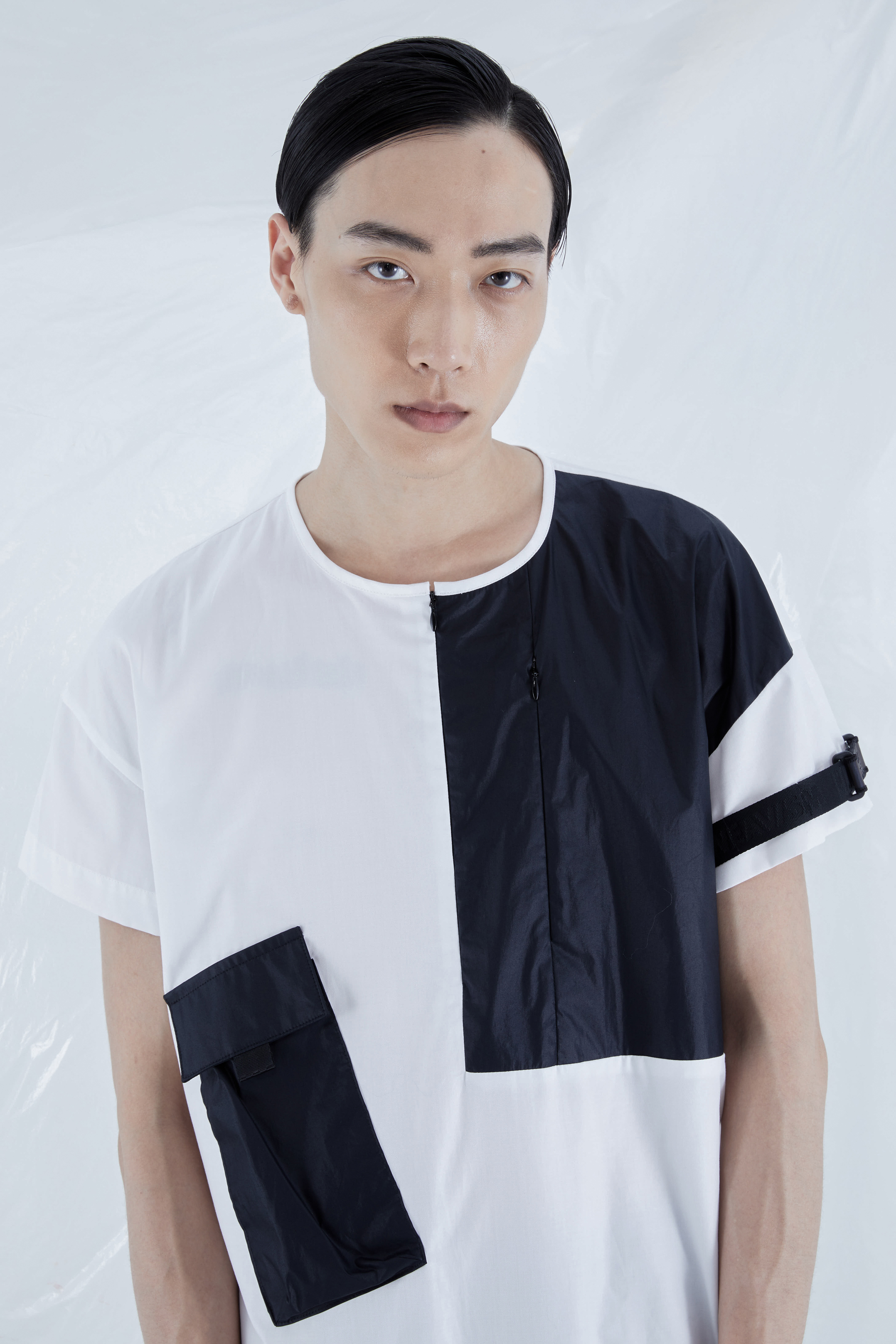 切角拼接上衣- 白