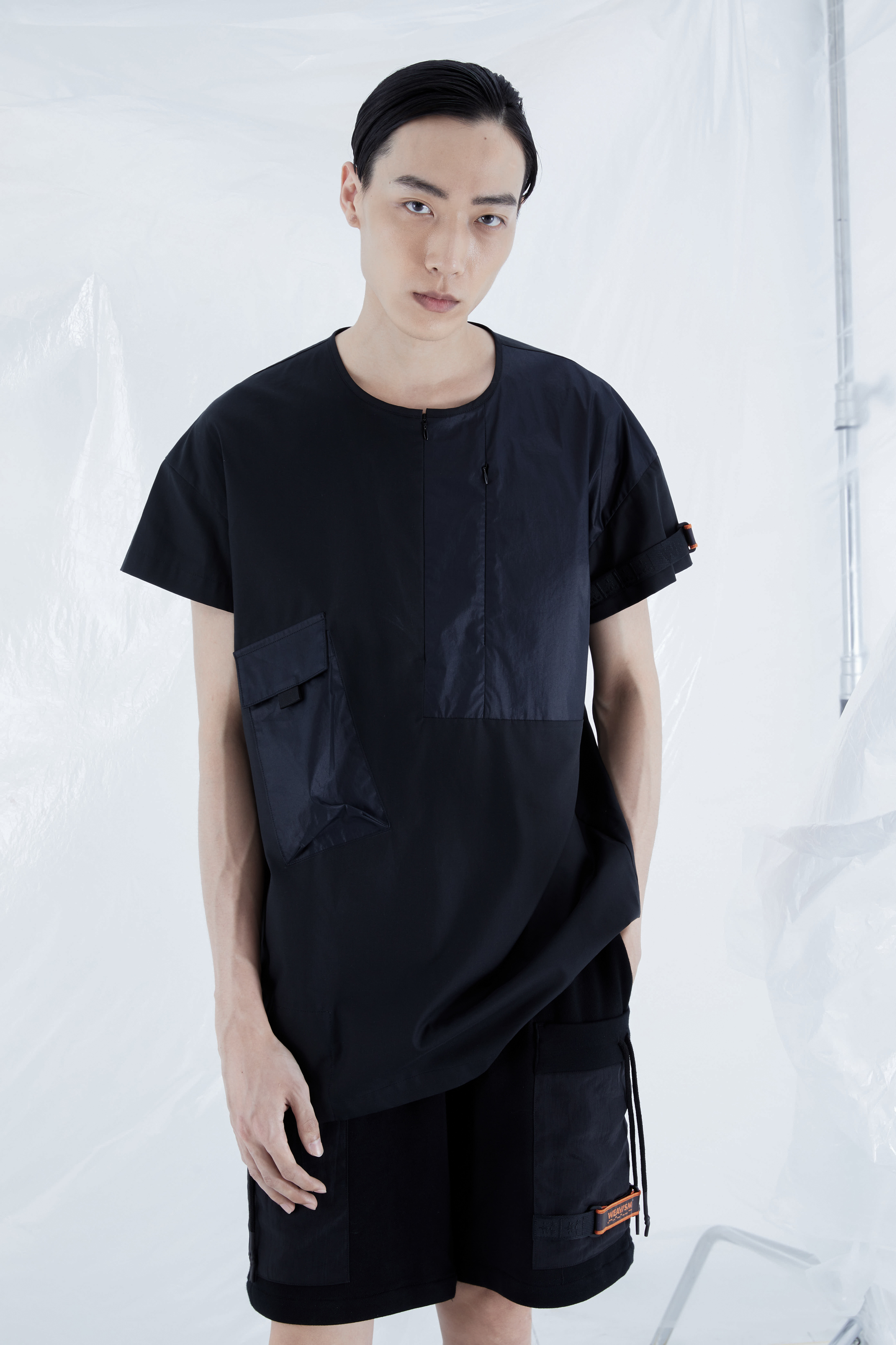 切角拼接上衣- 黑