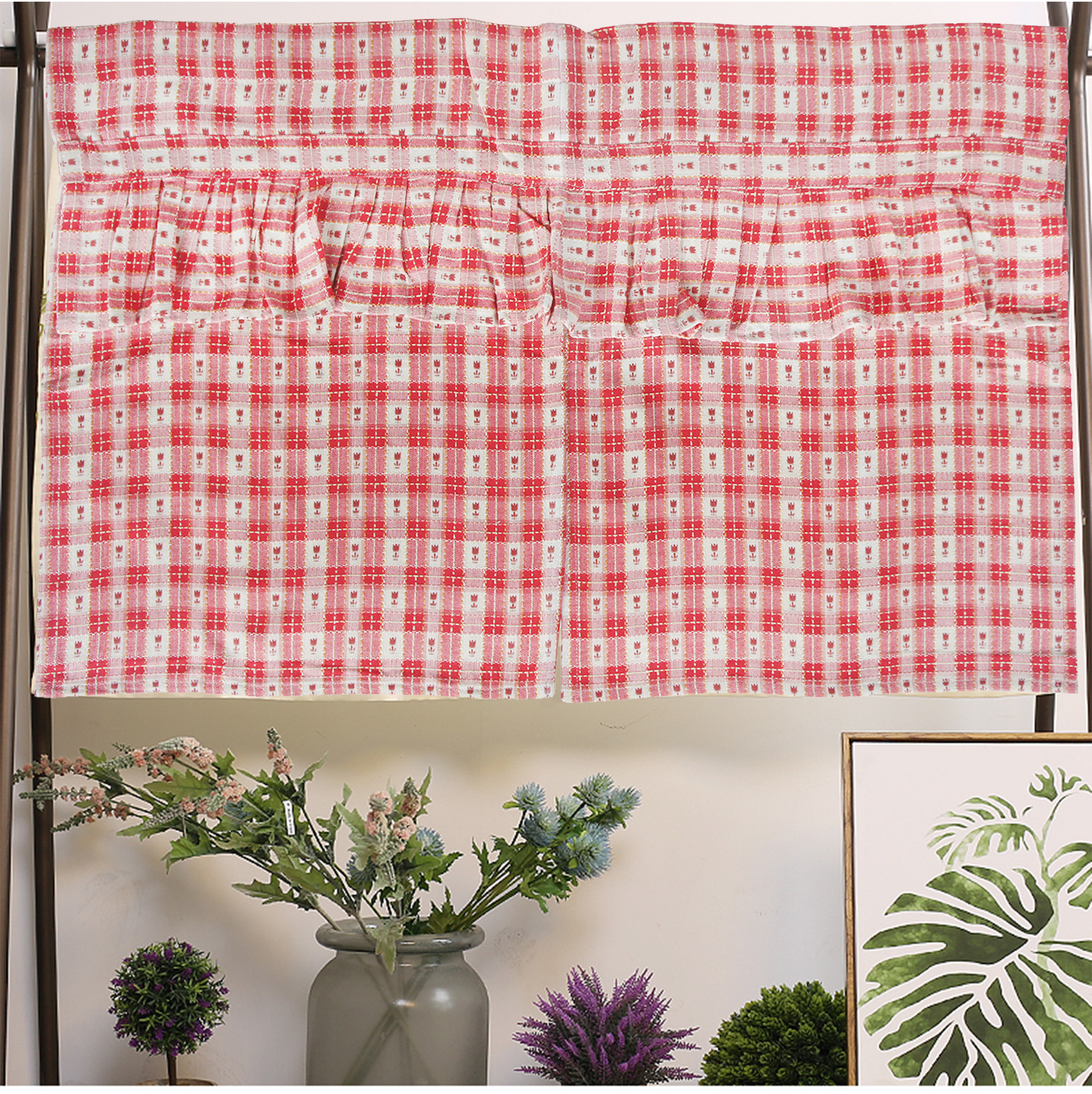 歐風純棉門簾(85x45cm)_紅花朵