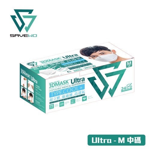 *M 中碼 - 對應90%以上成人面型，剪裁較合男士* SAVEWO 3DMASK ULTRA 救世超立體口罩 ULTRA TYPECOOL+「FFP2 + KF94 + ASTM LEVEL3 認證 」(30片獨立包裝/盒)