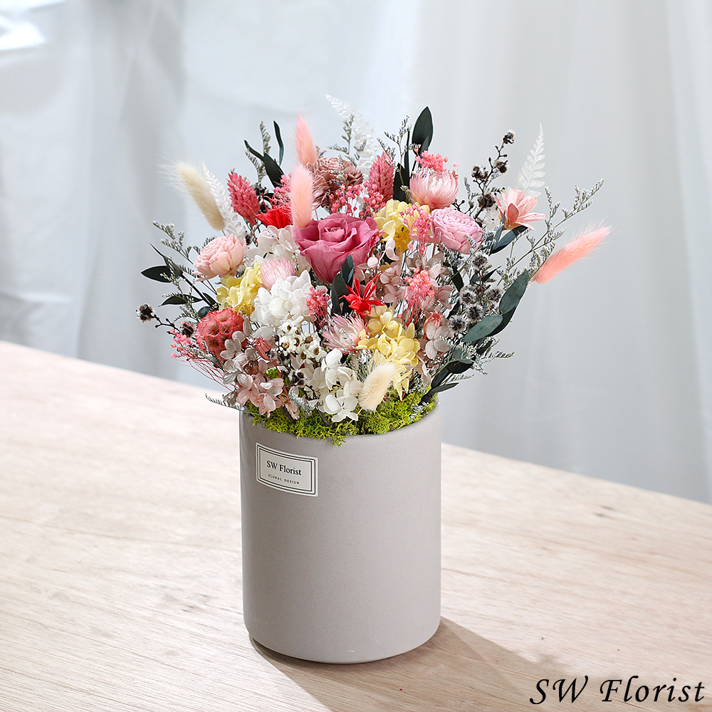 |法國風情-永生花盆栽-喬遷賀禮-家中布置-水泥盆-大型|