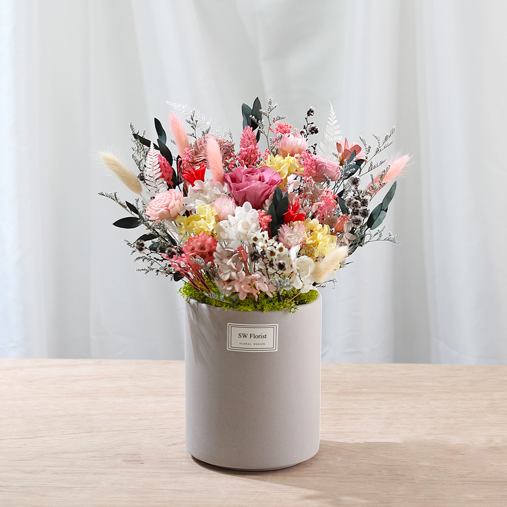 |法國風情-永生花盆栽-喬遷賀禮-家中布置-水泥盆-大型|