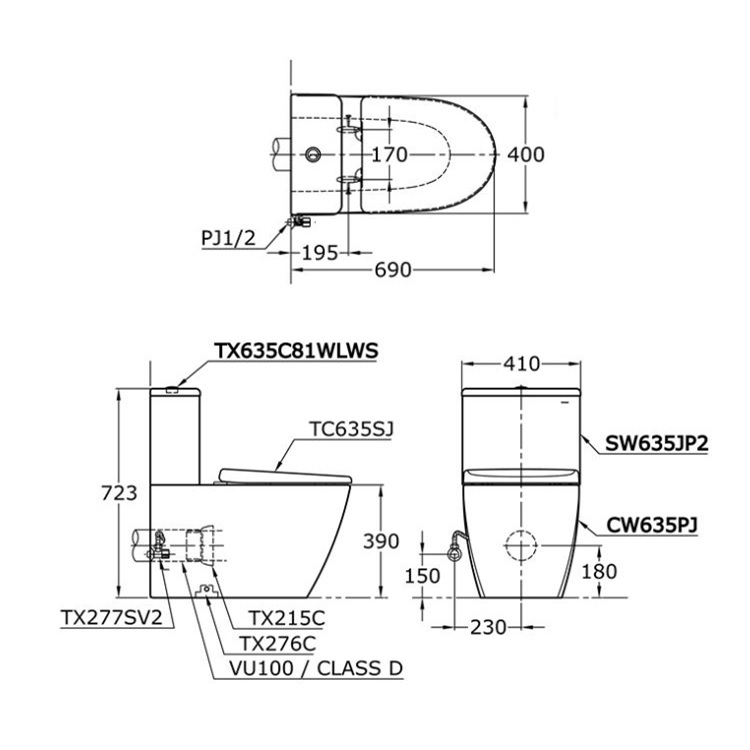 Toto CW635PJ + SW635JP2 + TC635SJ Close-Coupled Toilet with Dual Flush 3/4.5L Wash Down Flushing with Slow Closing Seat Cover
