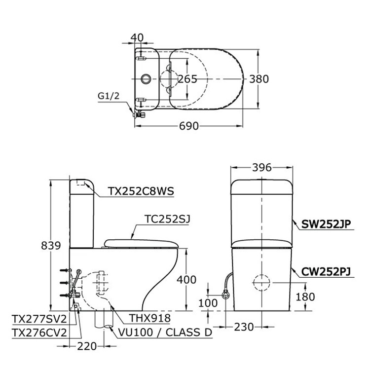 Toto CW252PJ + SW252JP + TC252SJ Close-Coupled Rimless Toilet with Dual Flush 3/4.5L 3D Tornado Flushing with Slow Closing Seat Cover *CEFIONTECT*