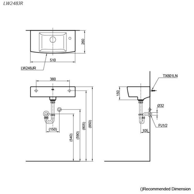 Toto LW248 Wallhung Washbasin