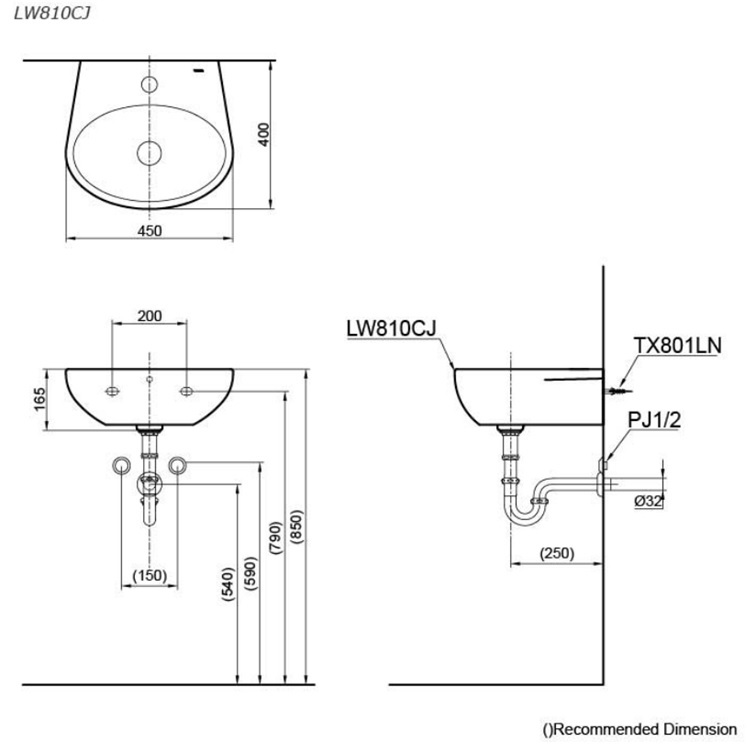 Toto LW810 (LW810CJ) Wallhung Washbasin