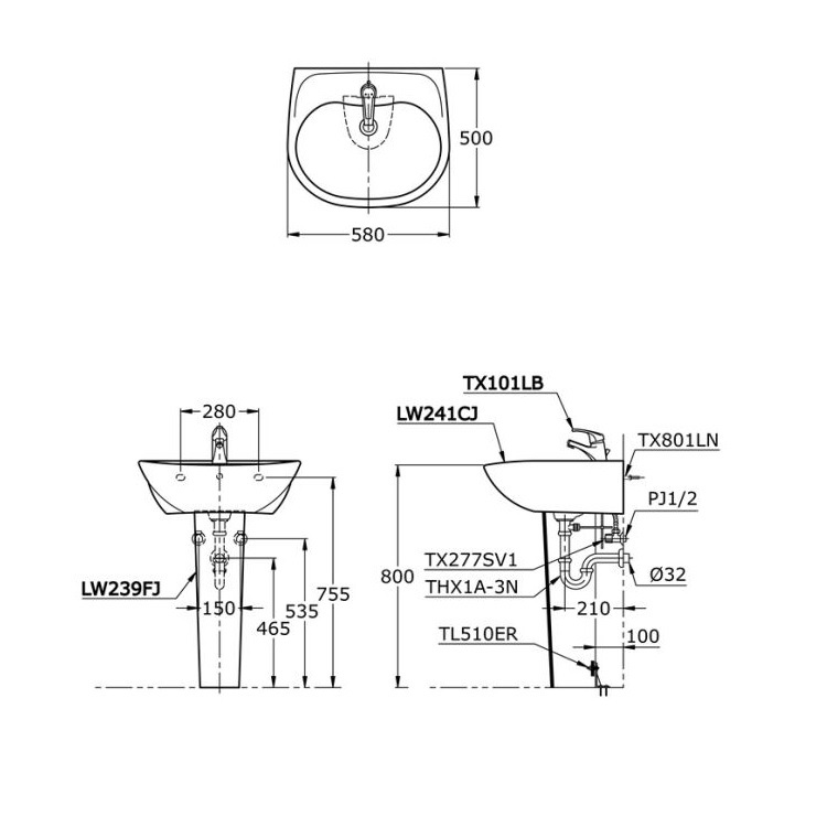 Toto LW241CJ + LW239HFJ Wallhung Washbasin with pedestal