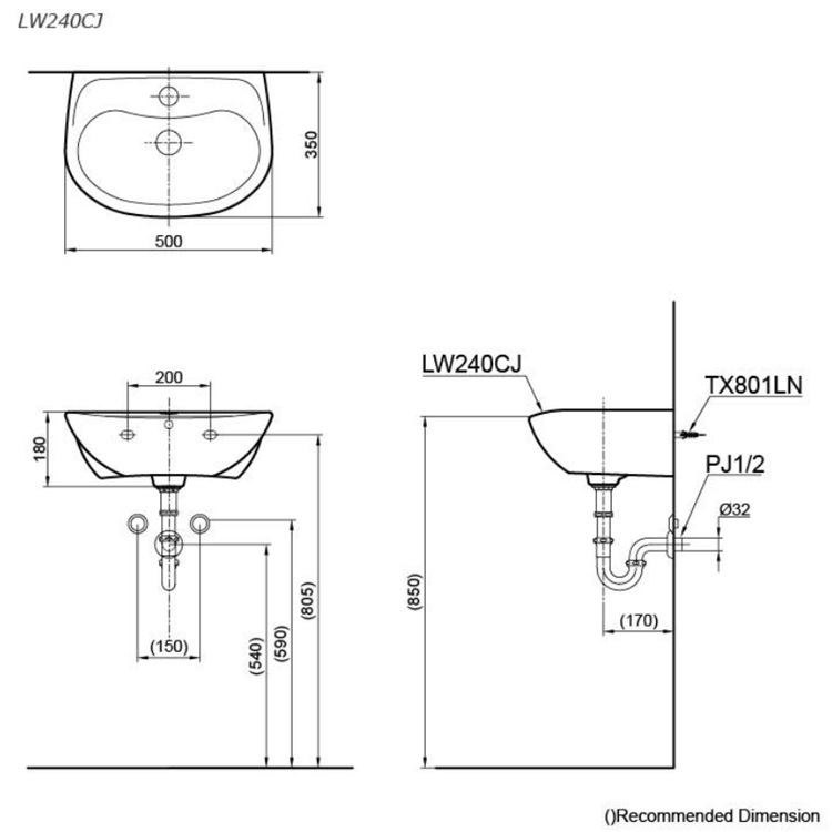 Toto LW240 (LW240CJ) Wallhung Washbasin