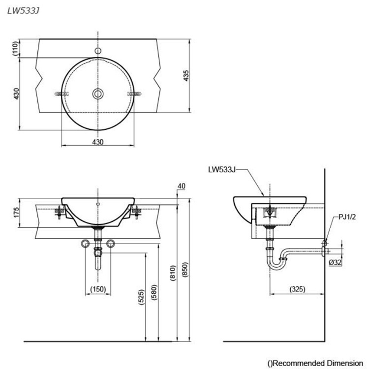 Toto LW533J Semi-Recessed Washbasin