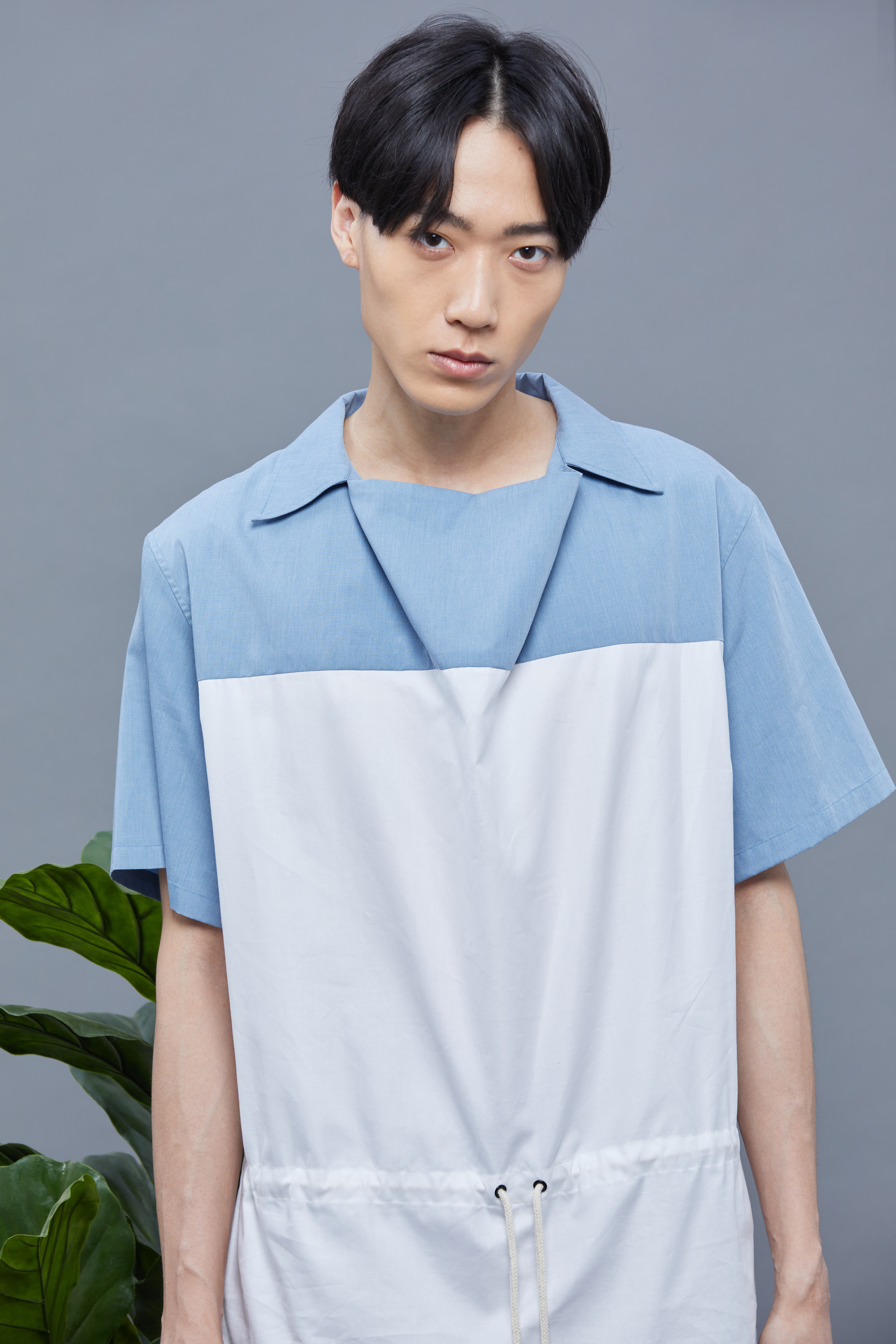 寬領抽繩短袖上衣 - 白