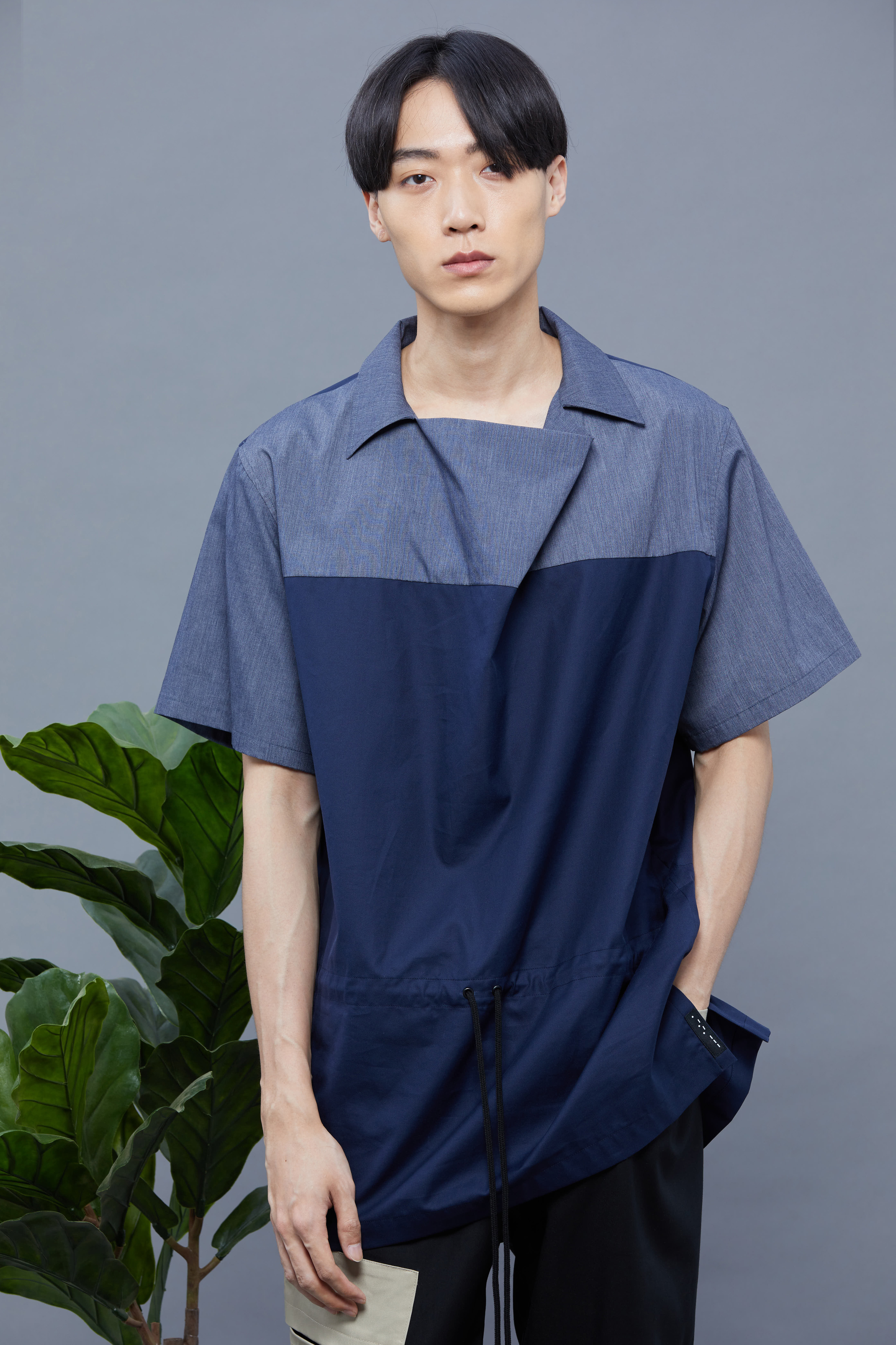 寬領抽繩短袖上衣 - 藏青