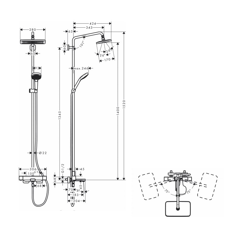hansgrohe Croma E 27687, -000 Thermostat showerpipe 280 1jet with bath filler