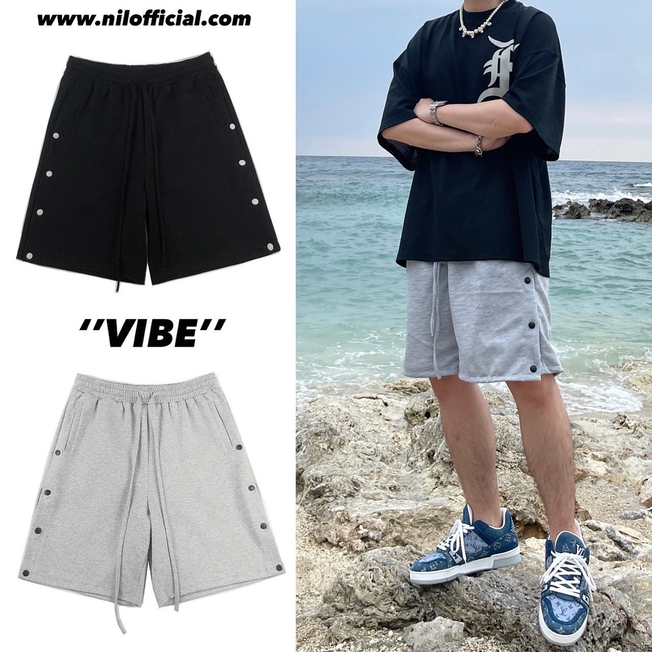 VIBE breasted long drawstring shorts cotton shorts all-match FOG style