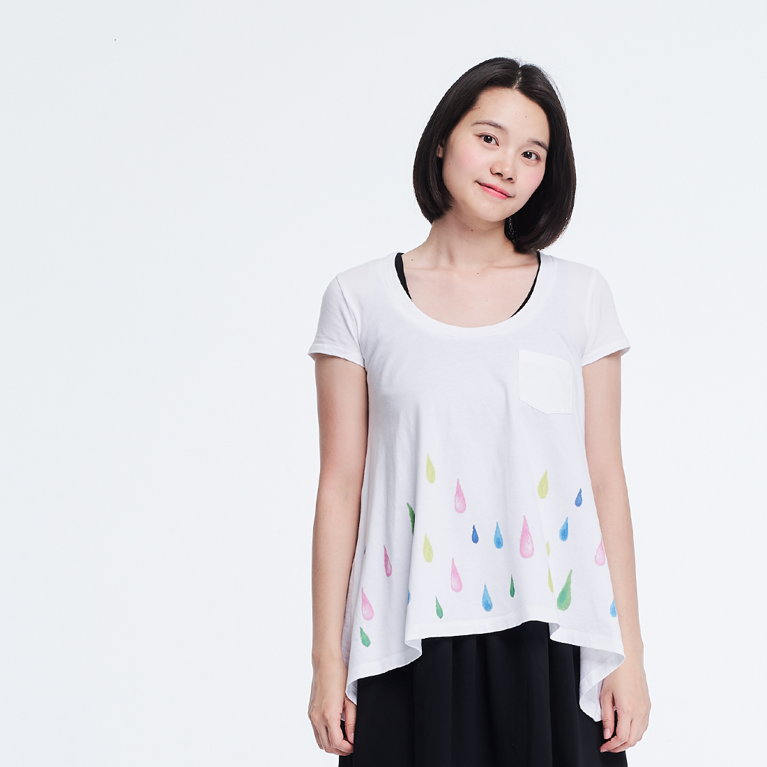 彩虹雨滴傘襬小蜜桃棉女TEE/白