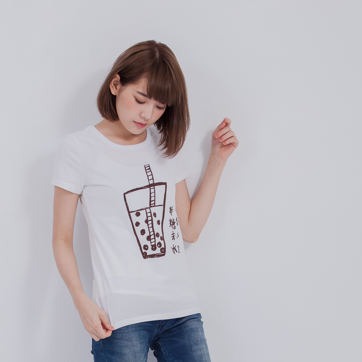 珍珠奶茶 半糖去冰!! 蜜桃棉T恤 台灣特產 Bubble Tea