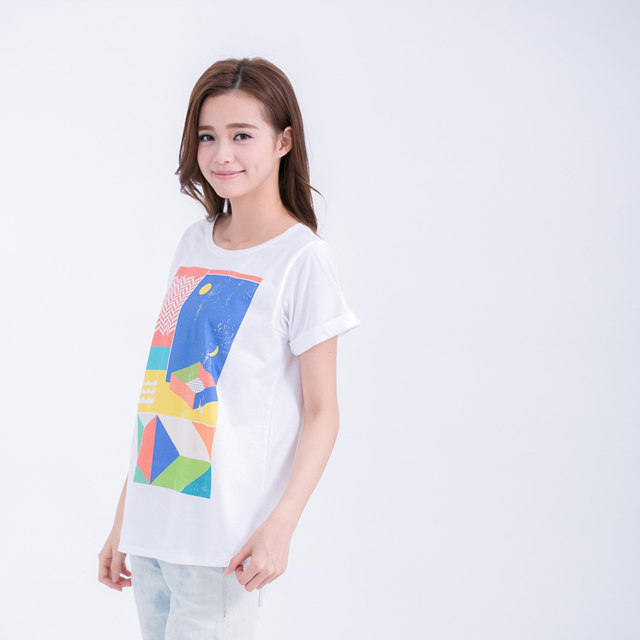 京都靜夜寬版反摺方袖女T / 白