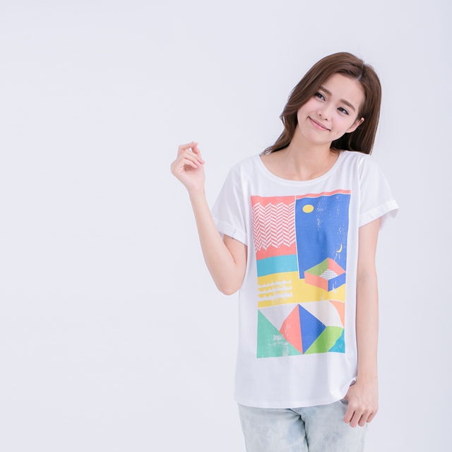 京都靜夜寬版反摺方袖女T / 白