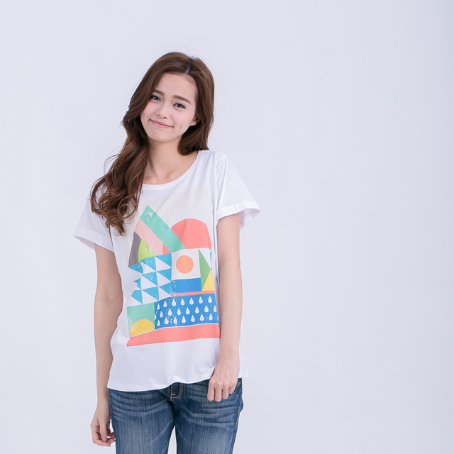 京都下雨寬版反褶方袖女T / 白