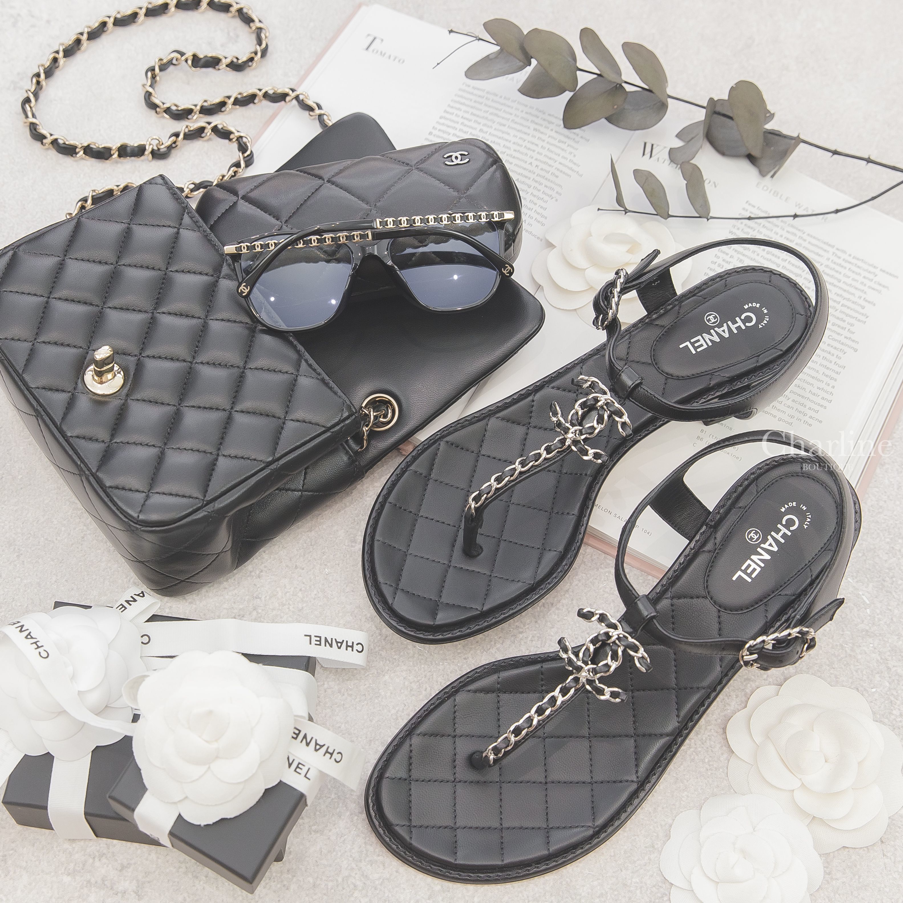 Chanel Square Eyeglasses 黑色方框側邊皮穿金鍊CC平光眼鏡,Chanel Mini Flap Bag 黑色金鍊小羊皮肩背包,Chanel Sandals 黑色銀CC皮穿鍊小羊皮涼鞋-Charline Boutique 精品代購