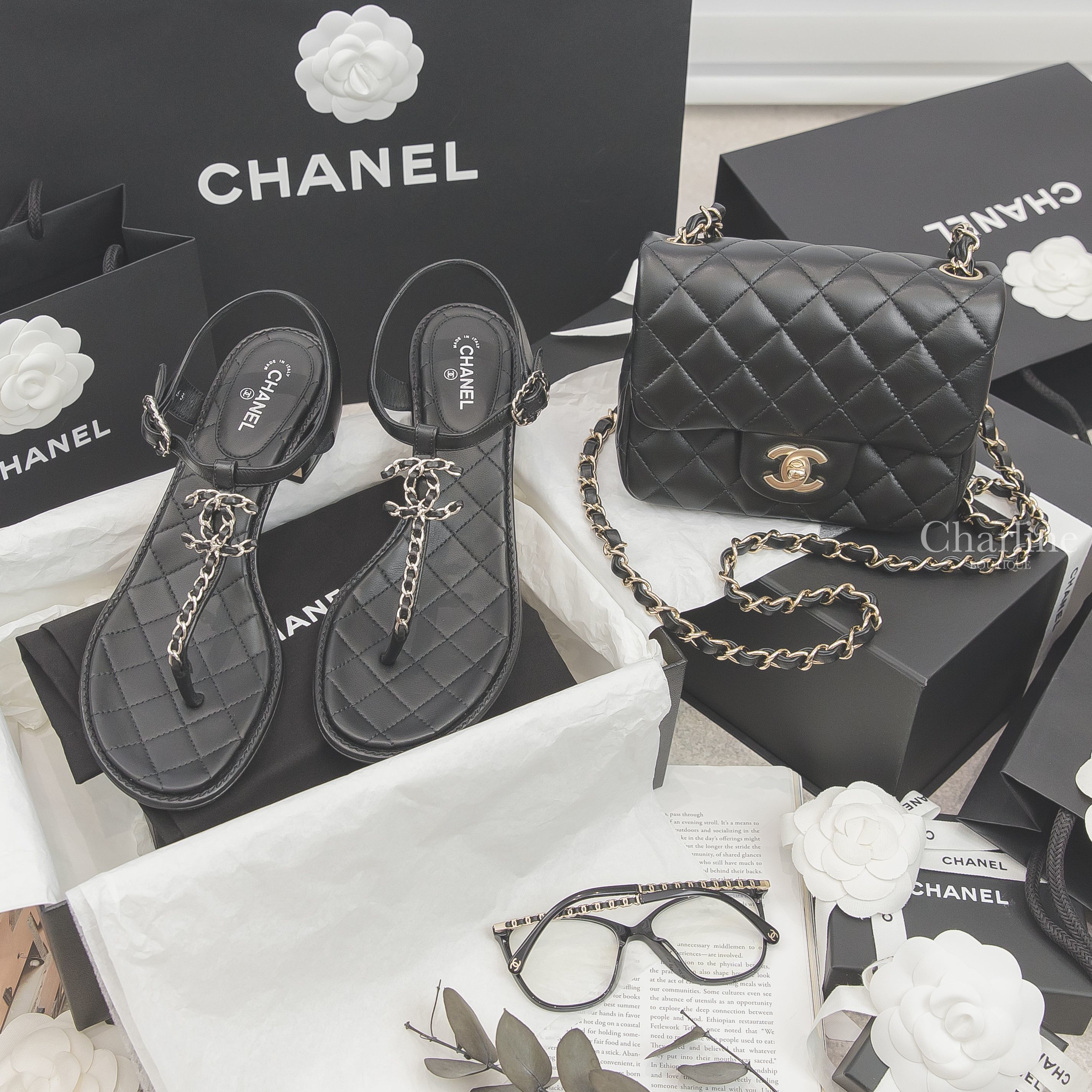 Chanel Square Eyeglasses 黑色方框側邊皮穿金鍊CC平光眼鏡,Chanel Mini Flap Bag 黑色金鍊小羊皮肩背包,Chanel Sandals 黑色銀CC皮穿鍊小羊皮涼鞋-Charline Boutique 精品代購