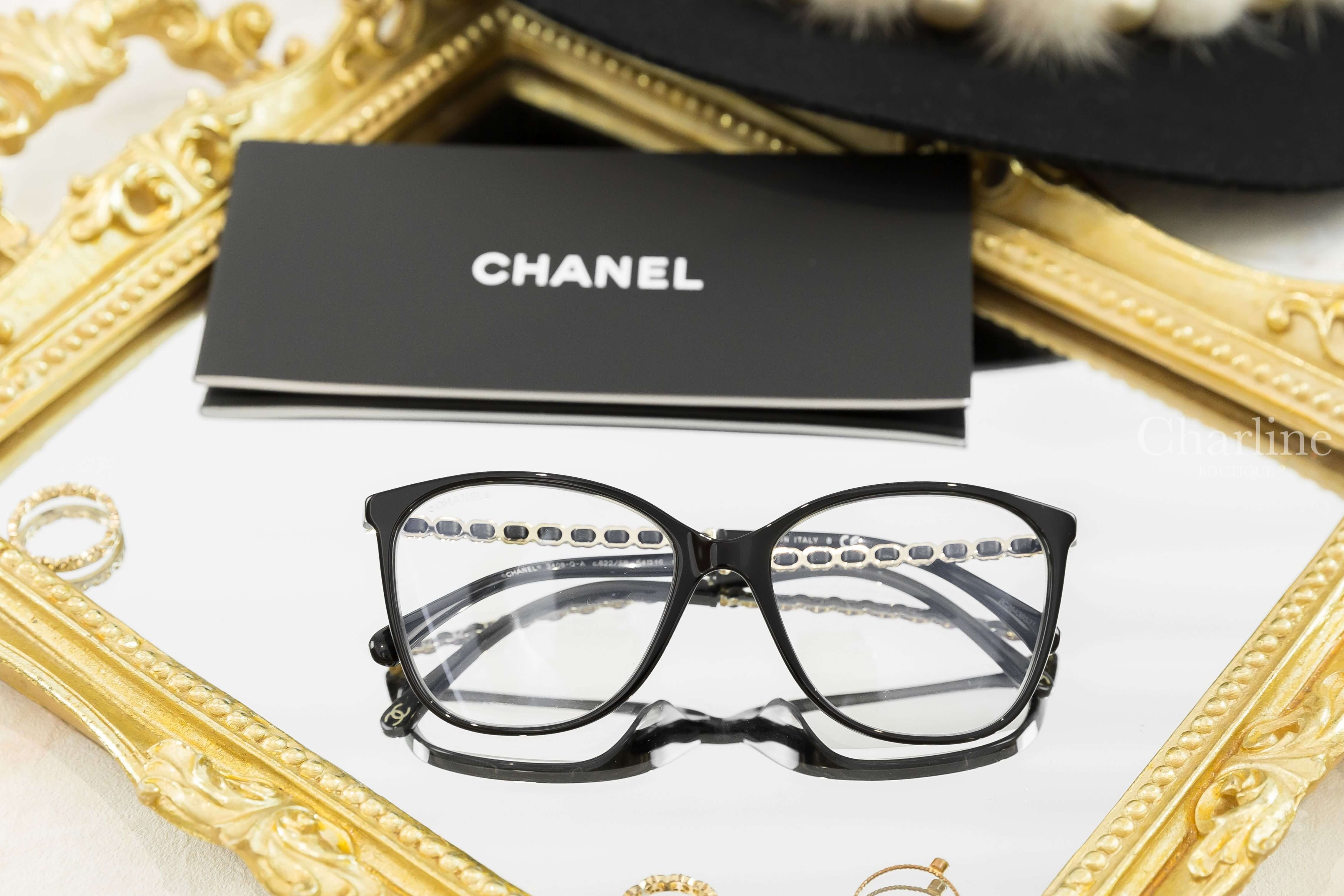 Chanel Square Eyeglasses 黑色方框側邊皮穿金鍊CC平光眼鏡-Charline Boutique 精品代購