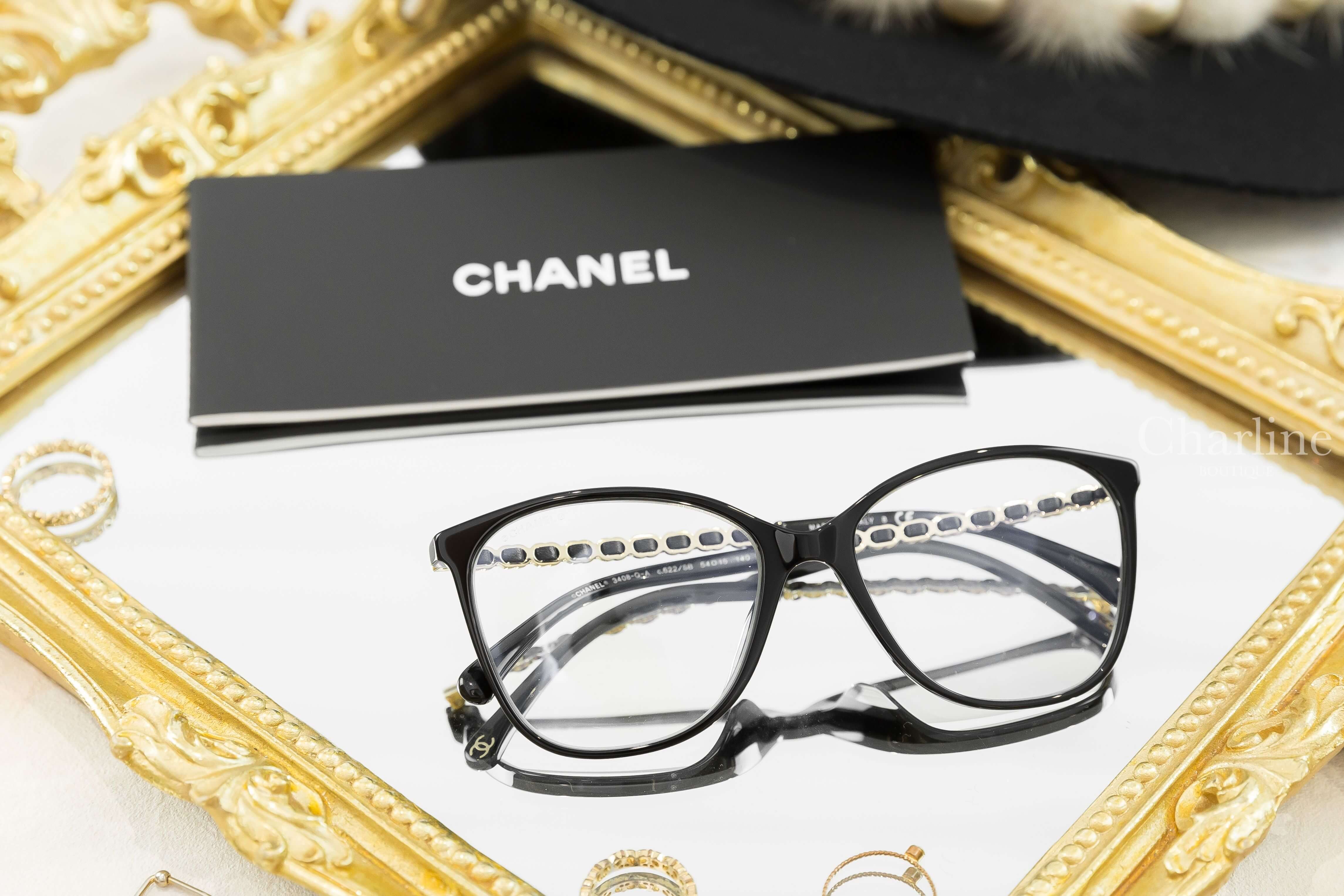 Chanel Square Eyeglasses 黑色方框側邊皮穿金鍊CC平光眼鏡-Charline Boutique 精品代購