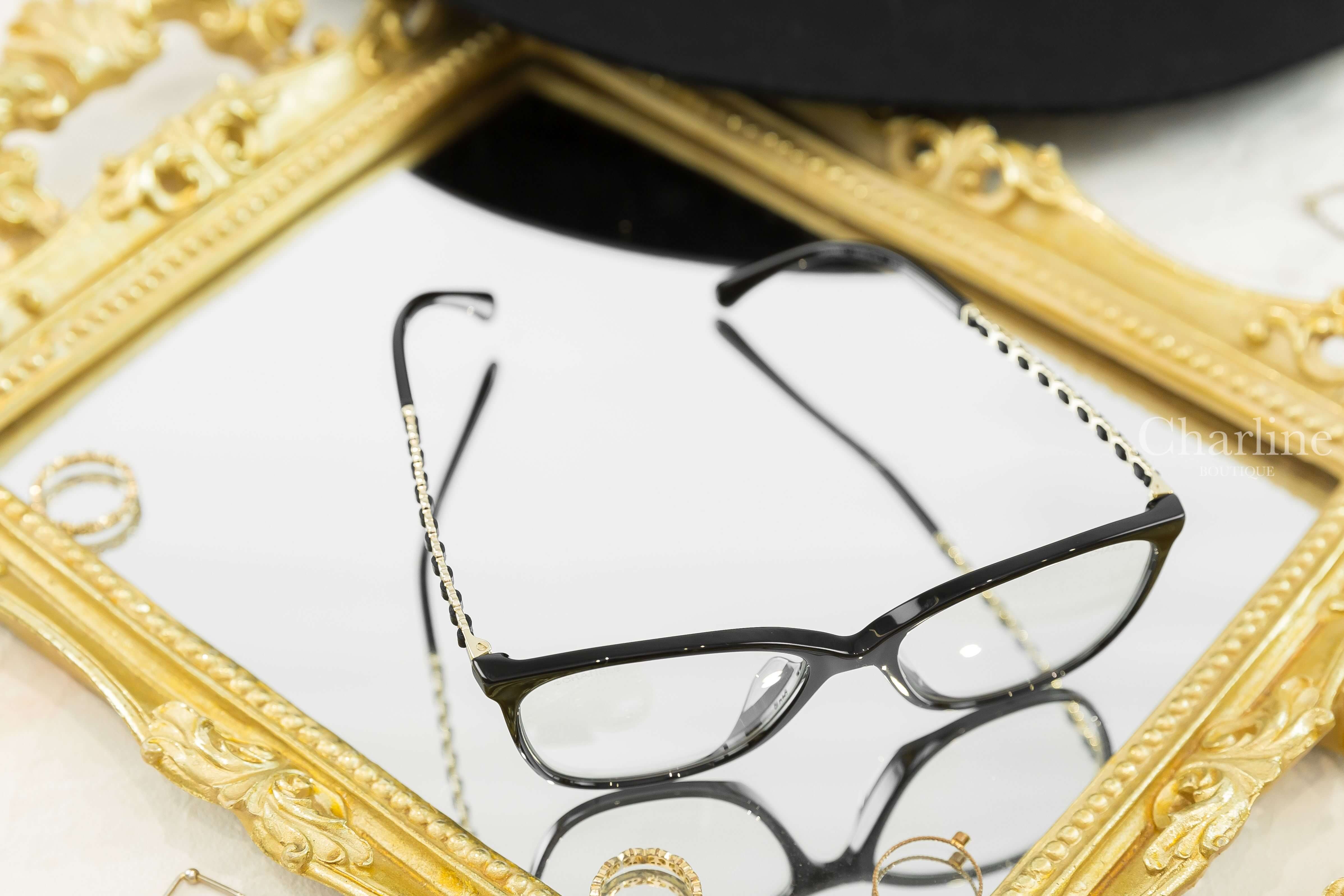 Chanel Square Eyeglasses 黑色方框側邊皮穿金鍊CC平光眼鏡-Charline Boutique 精品代購