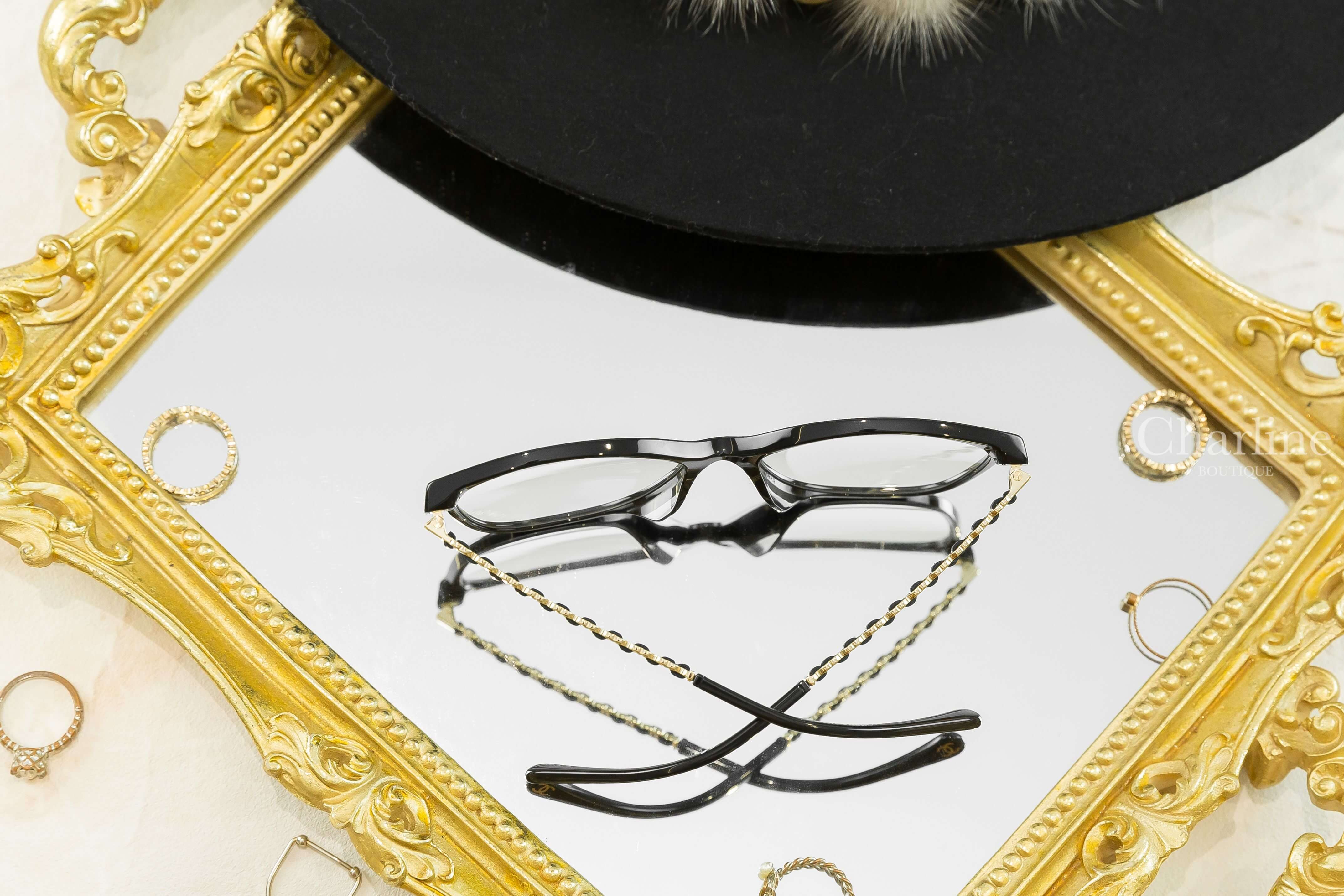 Chanel Square Eyeglasses 黑色方框側邊皮穿金鍊CC平光眼鏡-Charline Boutique 精品代購