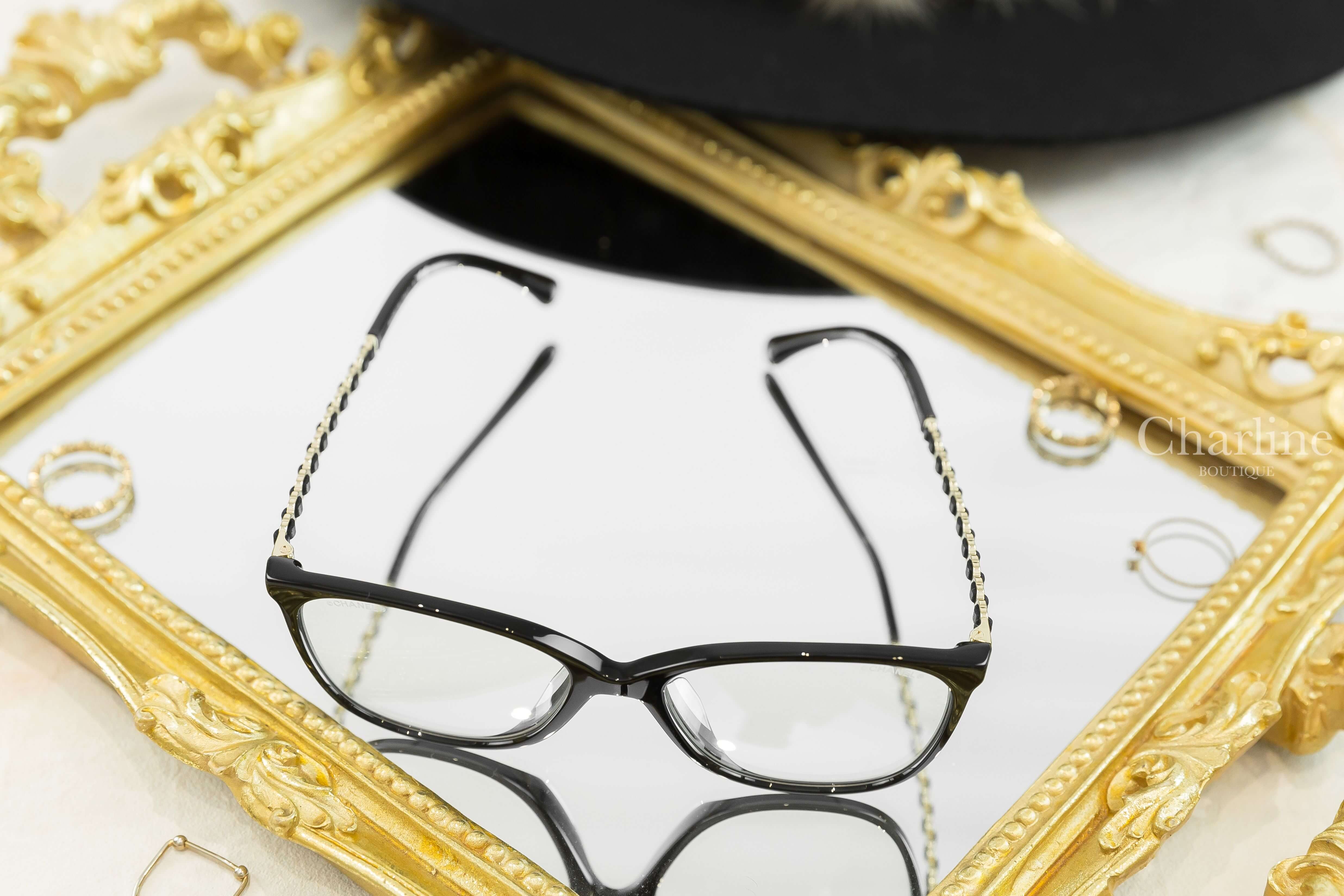 Chanel Square Eyeglasses 黑色方框側邊皮穿金鍊CC平光眼鏡-Charline Boutique 精品代購