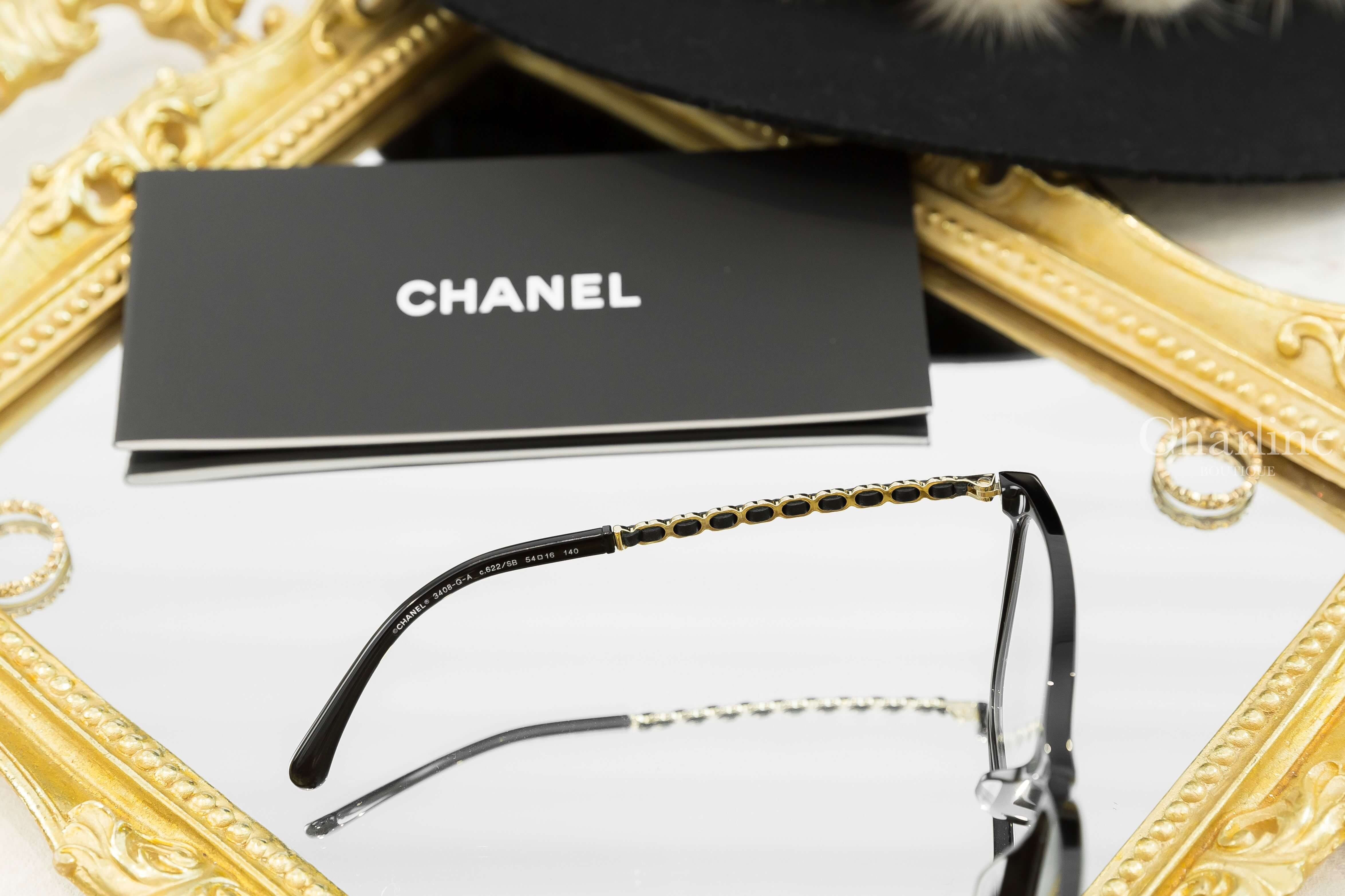 Chanel Square Eyeglasses 黑色方框側邊皮穿金鍊CC平光眼鏡-Charline Boutique 精品代購