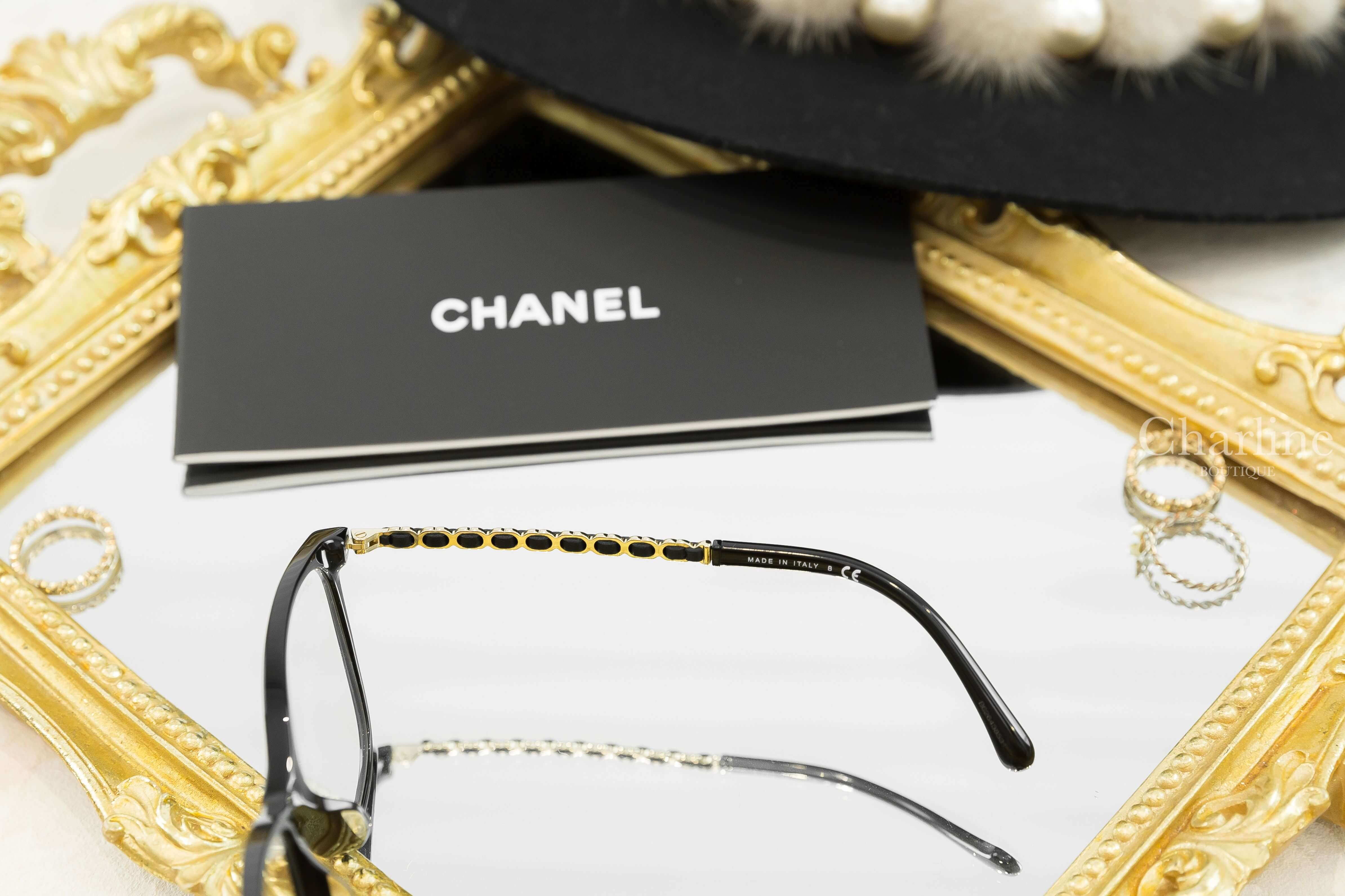Chanel Square Eyeglasses 黑色方框側邊皮穿金鍊CC平光眼鏡-Charline Boutique 精品代購