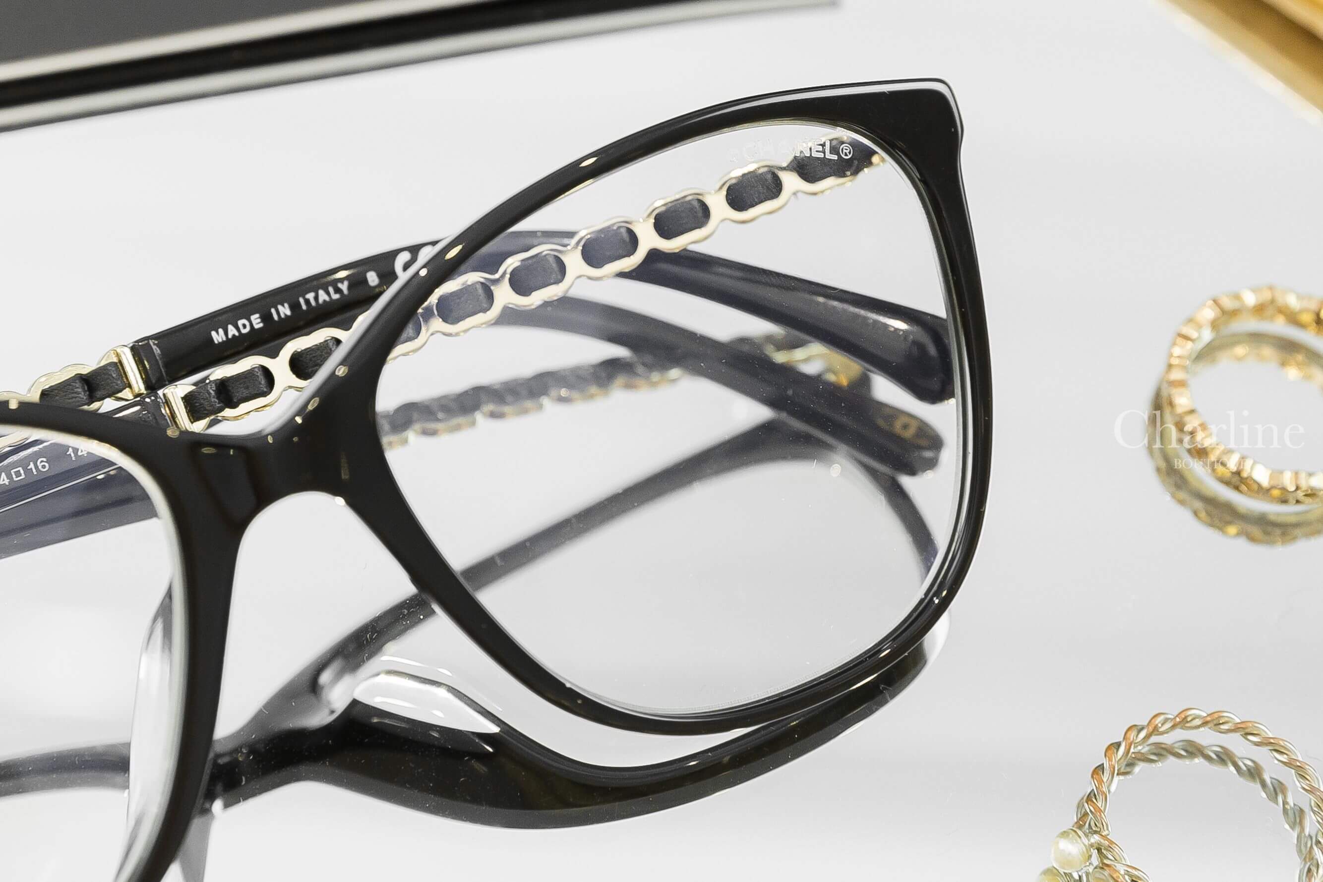 Chanel Square Blue Light Glasses 黑色方框側邊皮穿金鍊CC藍光鏡片平光眼鏡