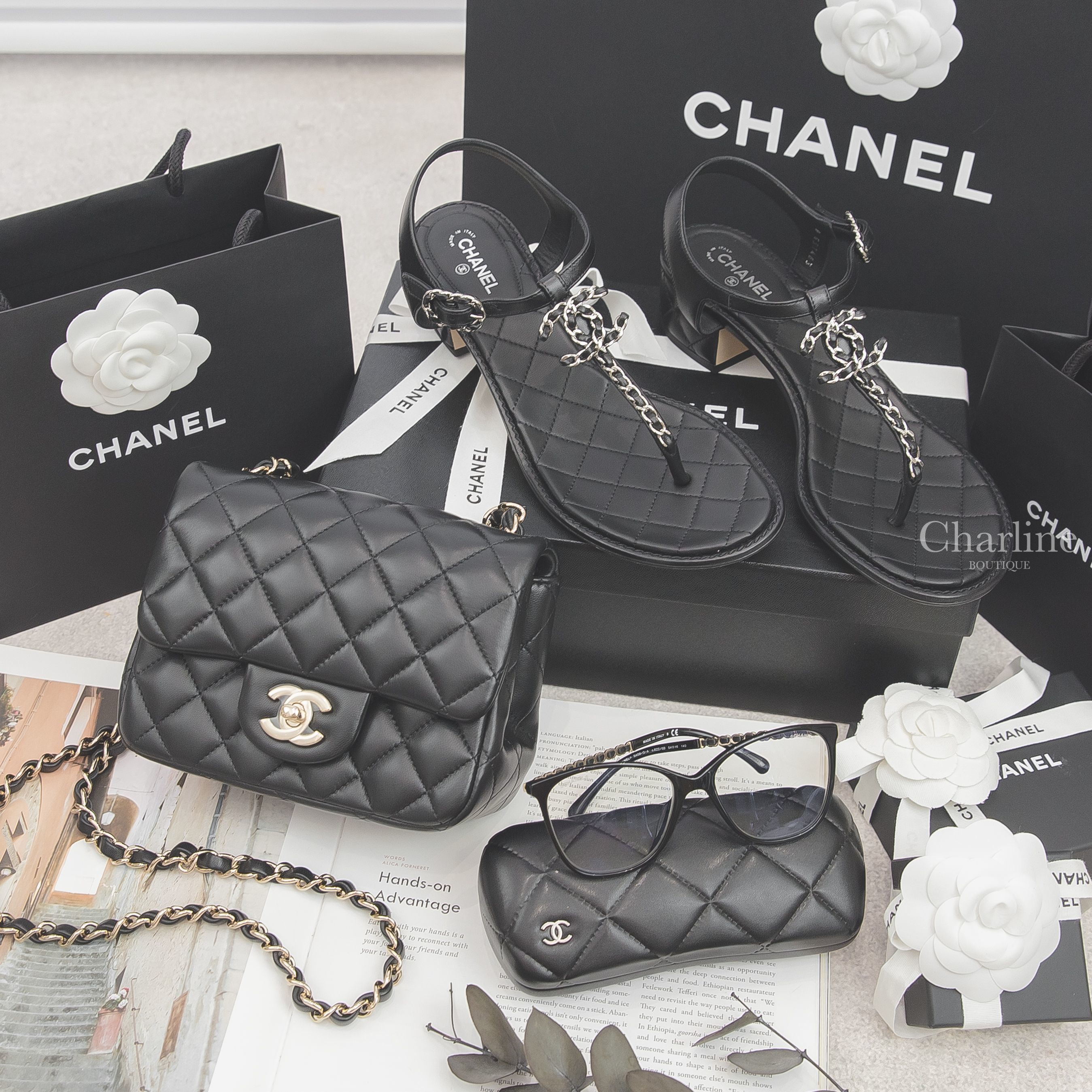 Chanel Square Eyeglasses 黑色方框側邊皮穿金鍊CC平光眼鏡,Chanel Mini Flap Bag 黑色金鍊小羊皮肩背包,Chanel Sandals 黑色銀CC皮穿鍊小羊皮涼鞋-Charline Boutique 精品代購